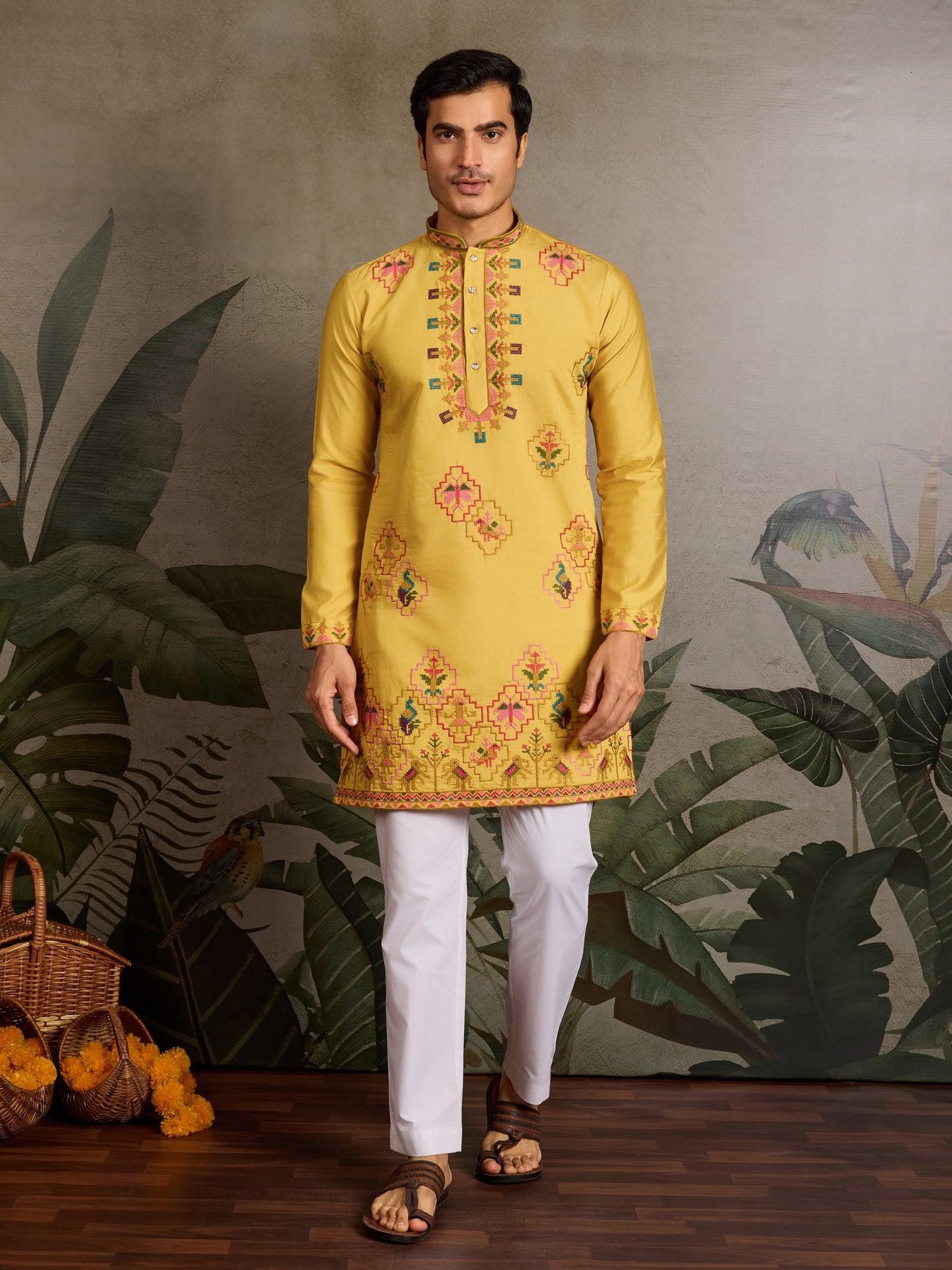 Mustard Yellow Embroidered Kurta for Men – Festive & Wedding Wear
