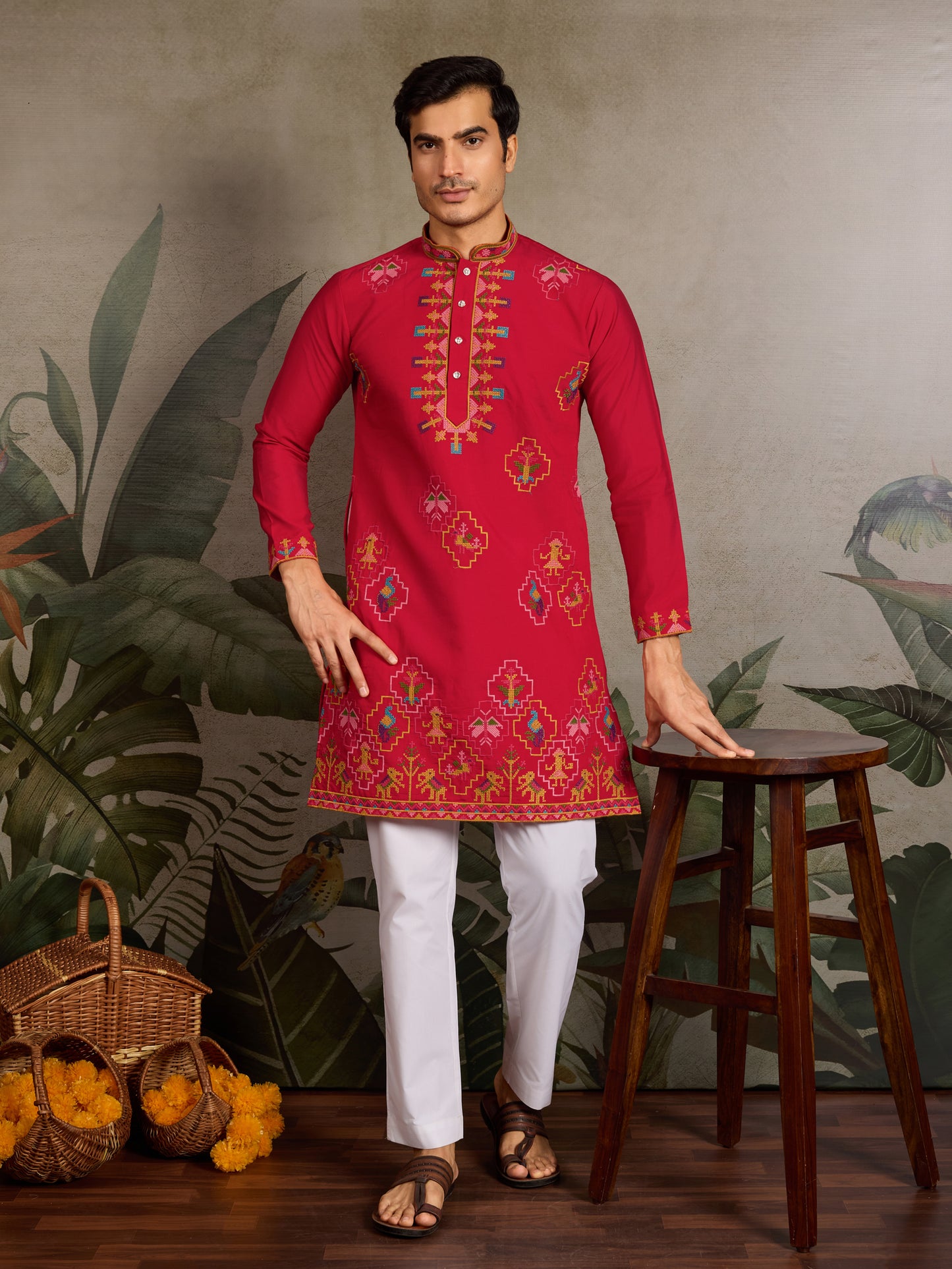 Crimson Heritage:- Red Embroidered Festive Kurta for Men