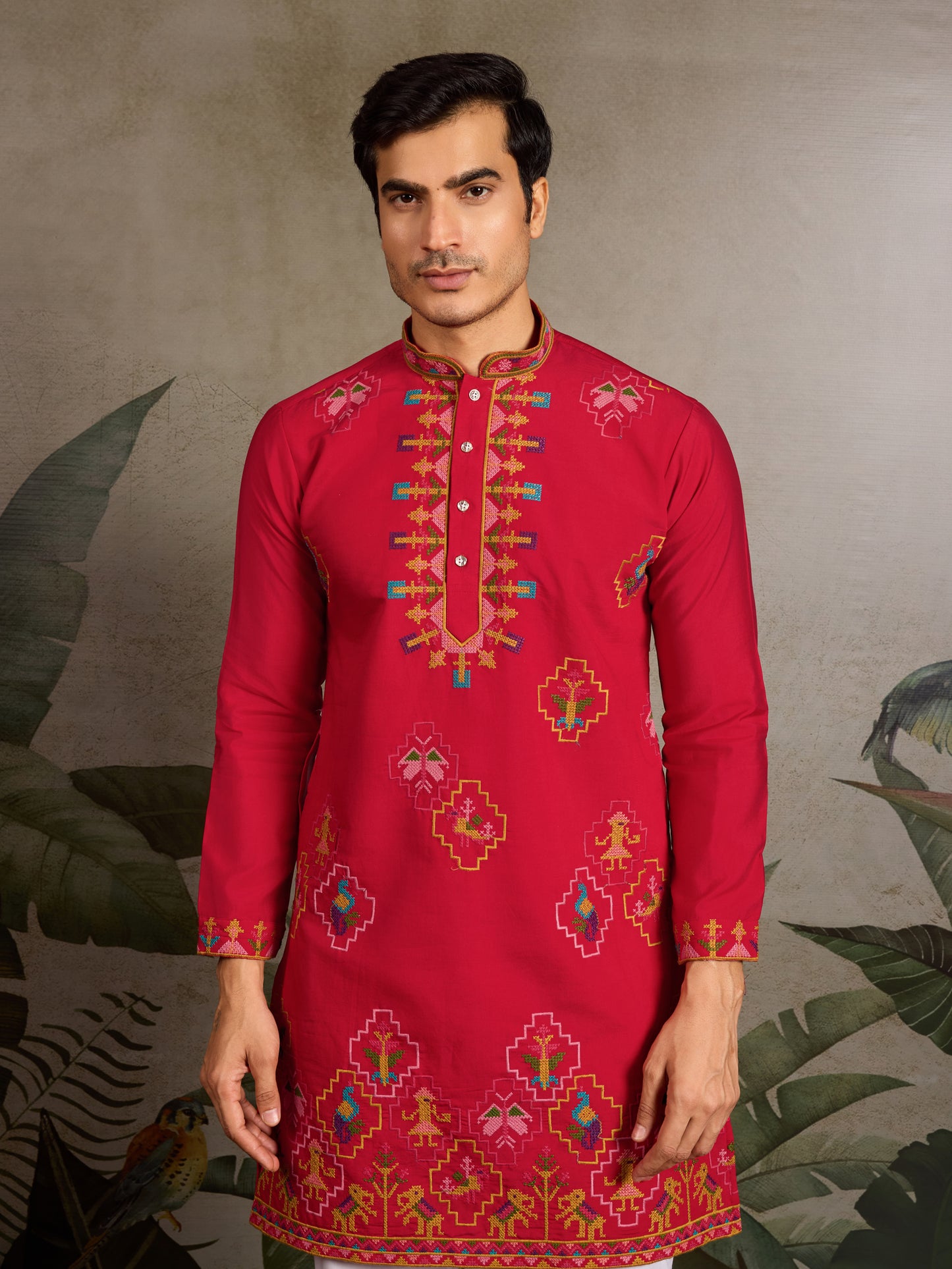 Crimson Heritage:- Red Embroidered Festive Kurta for Men