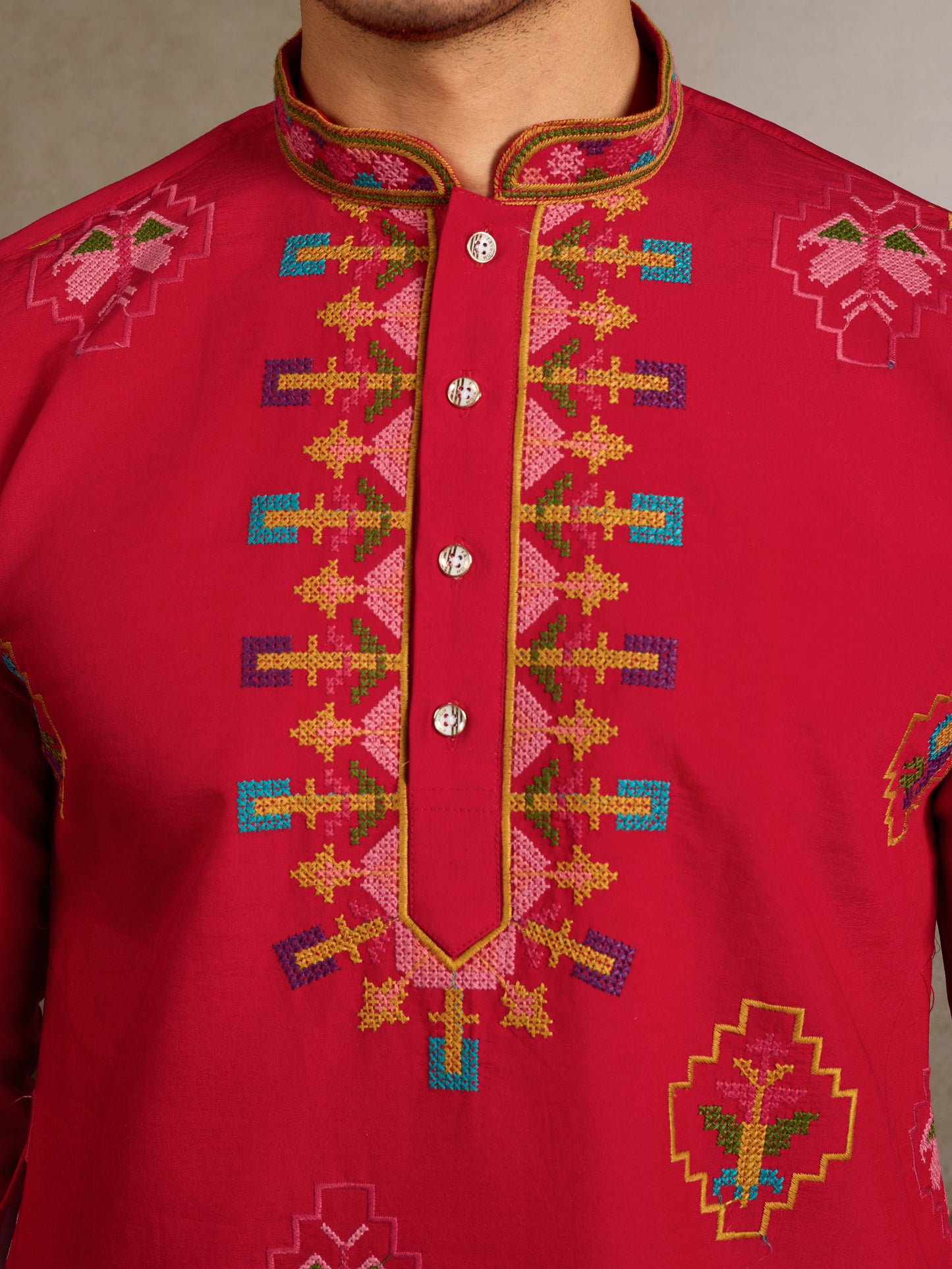 Crimson Heritage:- Red Embroidered Festive Kurta for Men