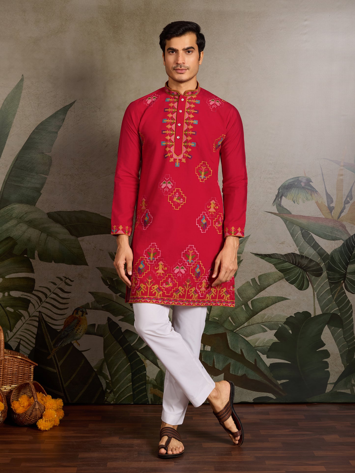 Crimson Heritage:- Red Embroidered Festive Kurta for Men