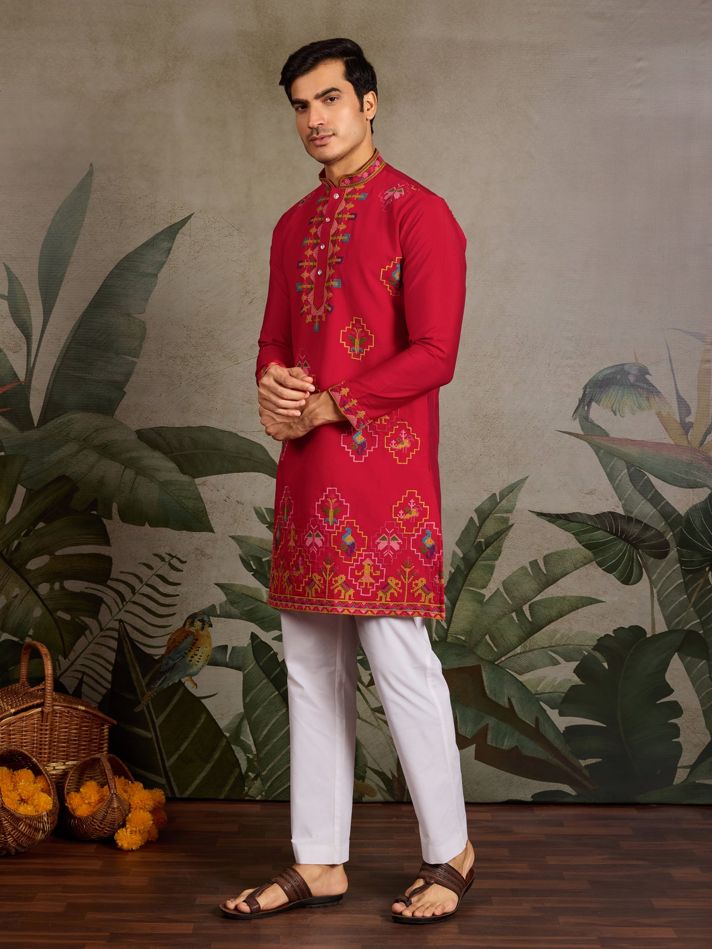 Crimson Heritage:- Red Embroidered Festive Kurta for Men
