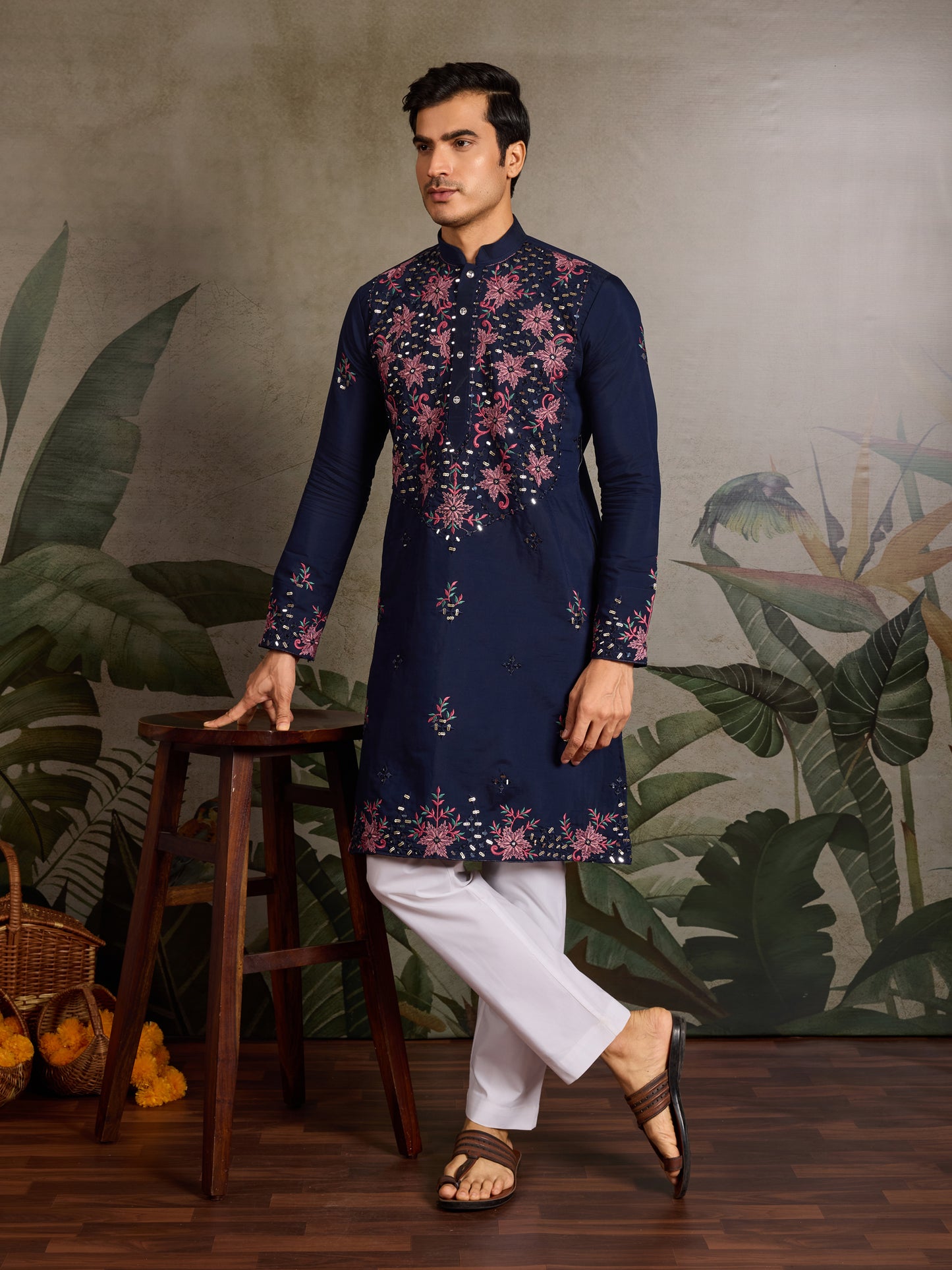 Navy Blue Floral Embroidered Kurta for Men | Festive & Wedding Wear