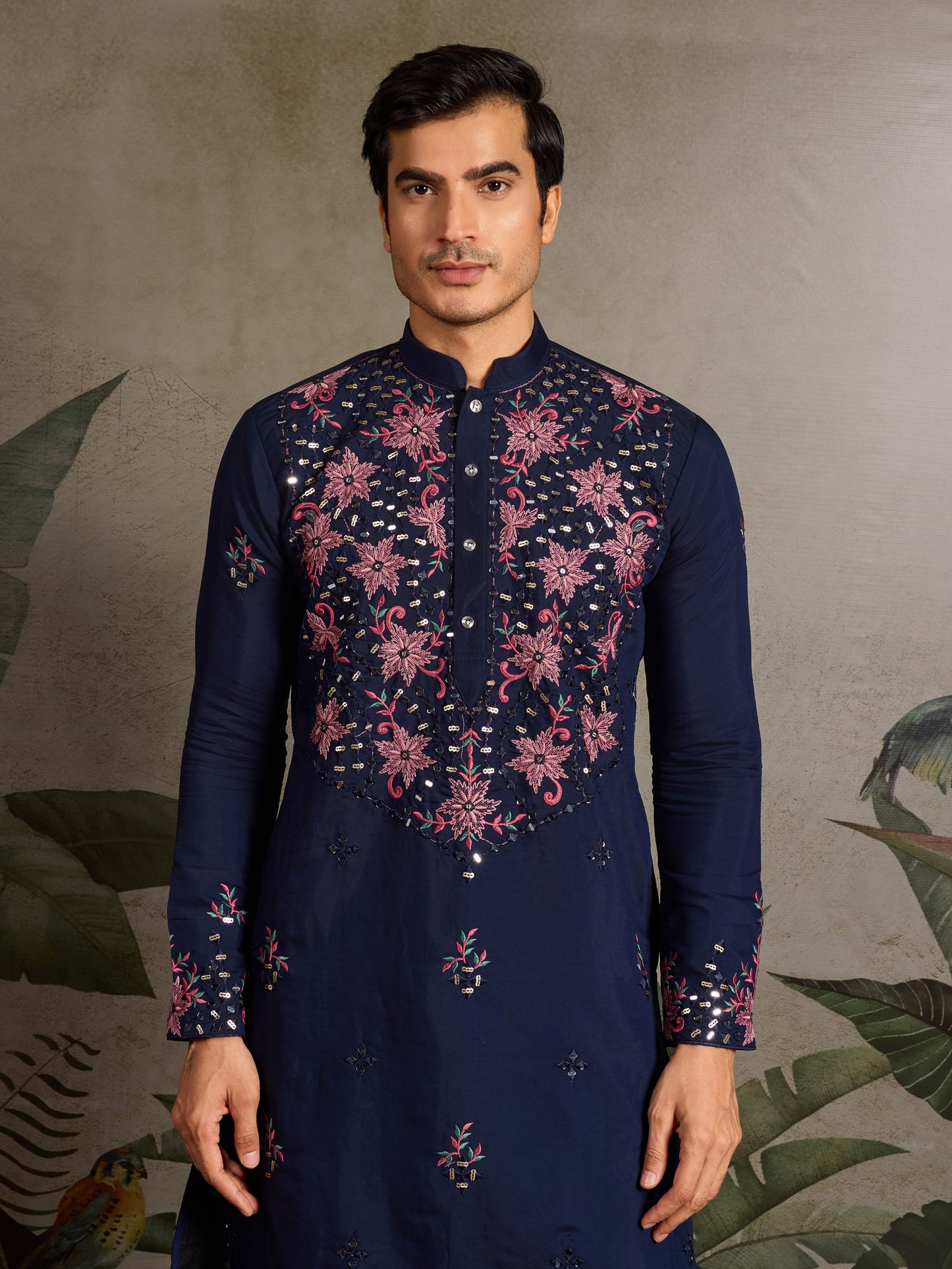 Navy Blue Floral Embroidered Kurta for Men | Festive & Wedding Wear