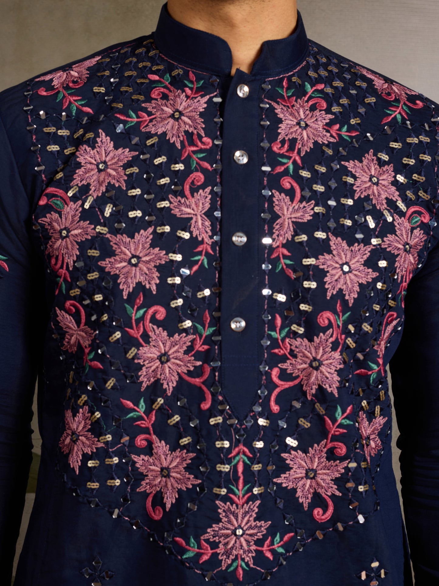 Navy Blue Floral Embroidered Kurta for Men | Festive & Wedding Wear