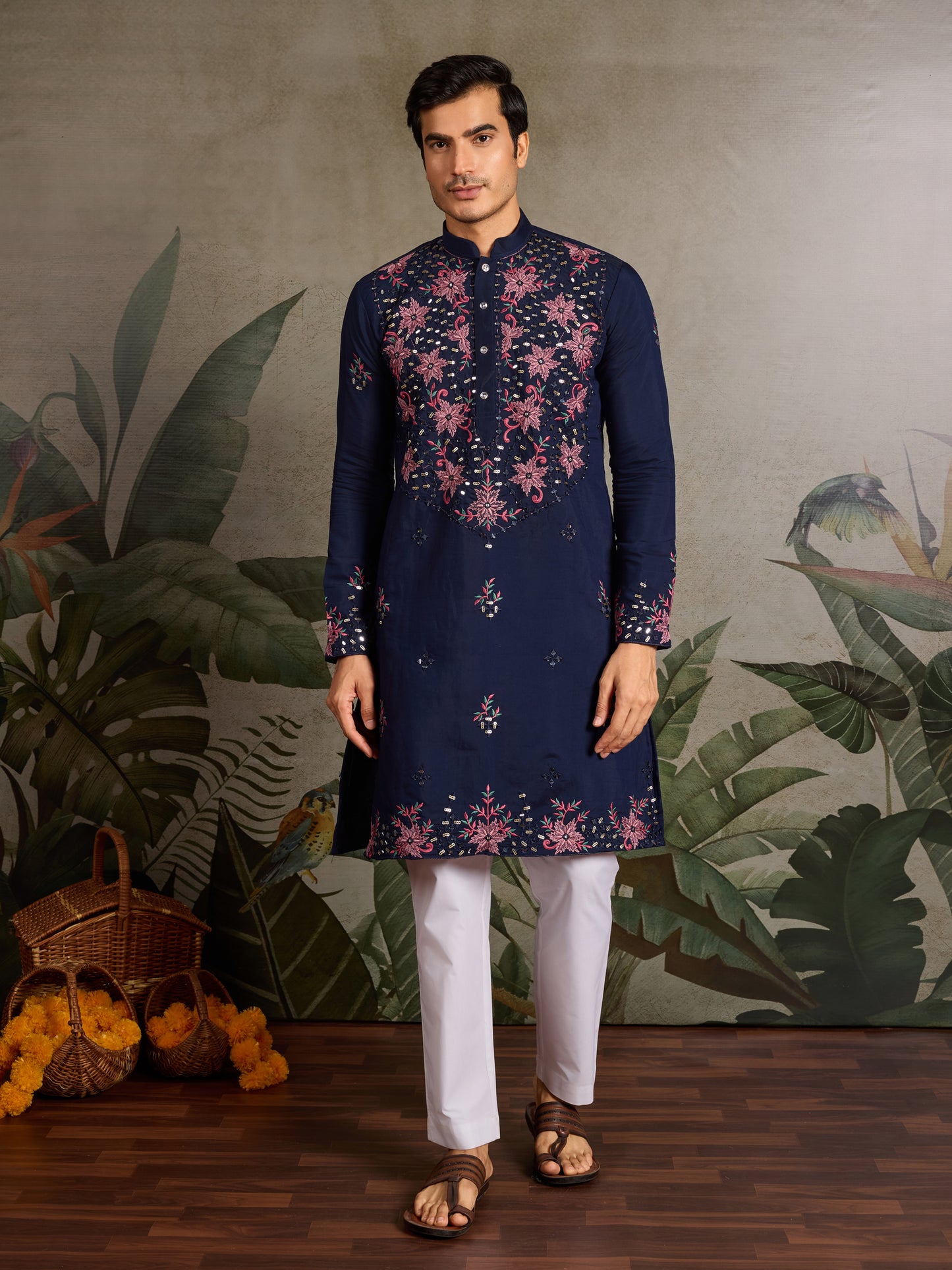 Navy Blue Floral Embroidered Kurta for Men | Festive & Wedding Wear