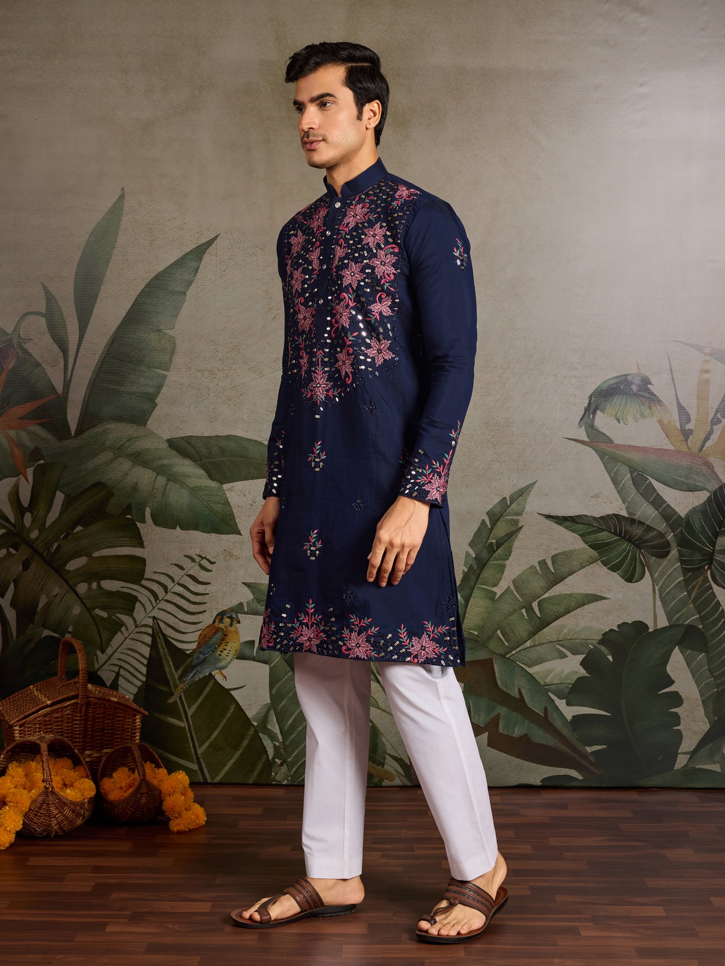 Navy Blue Floral Embroidered Kurta for Men | Festive & Wedding Wear