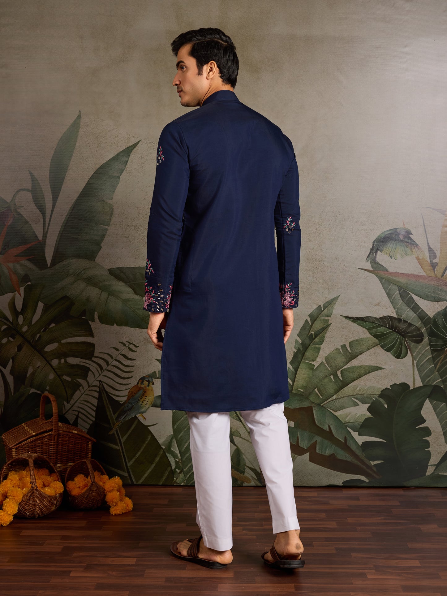 Navy Blue Floral Embroidered Kurta for Men | Festive & Wedding Wear