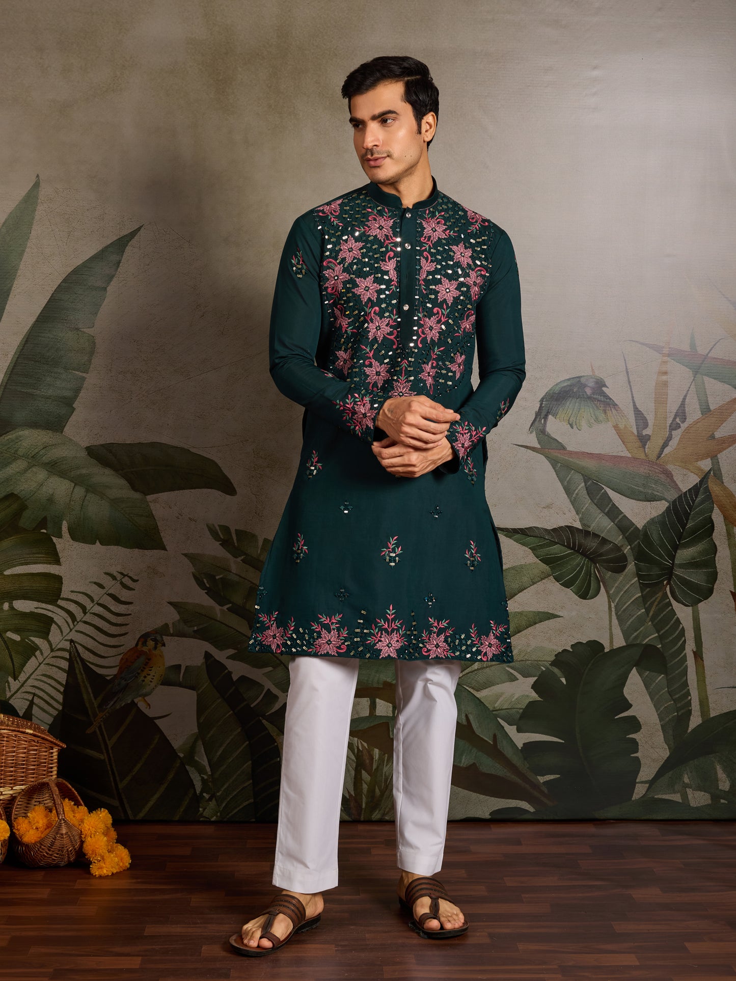 Green Floral Embroidered Kurta for Men | Festive & Wedding Wear