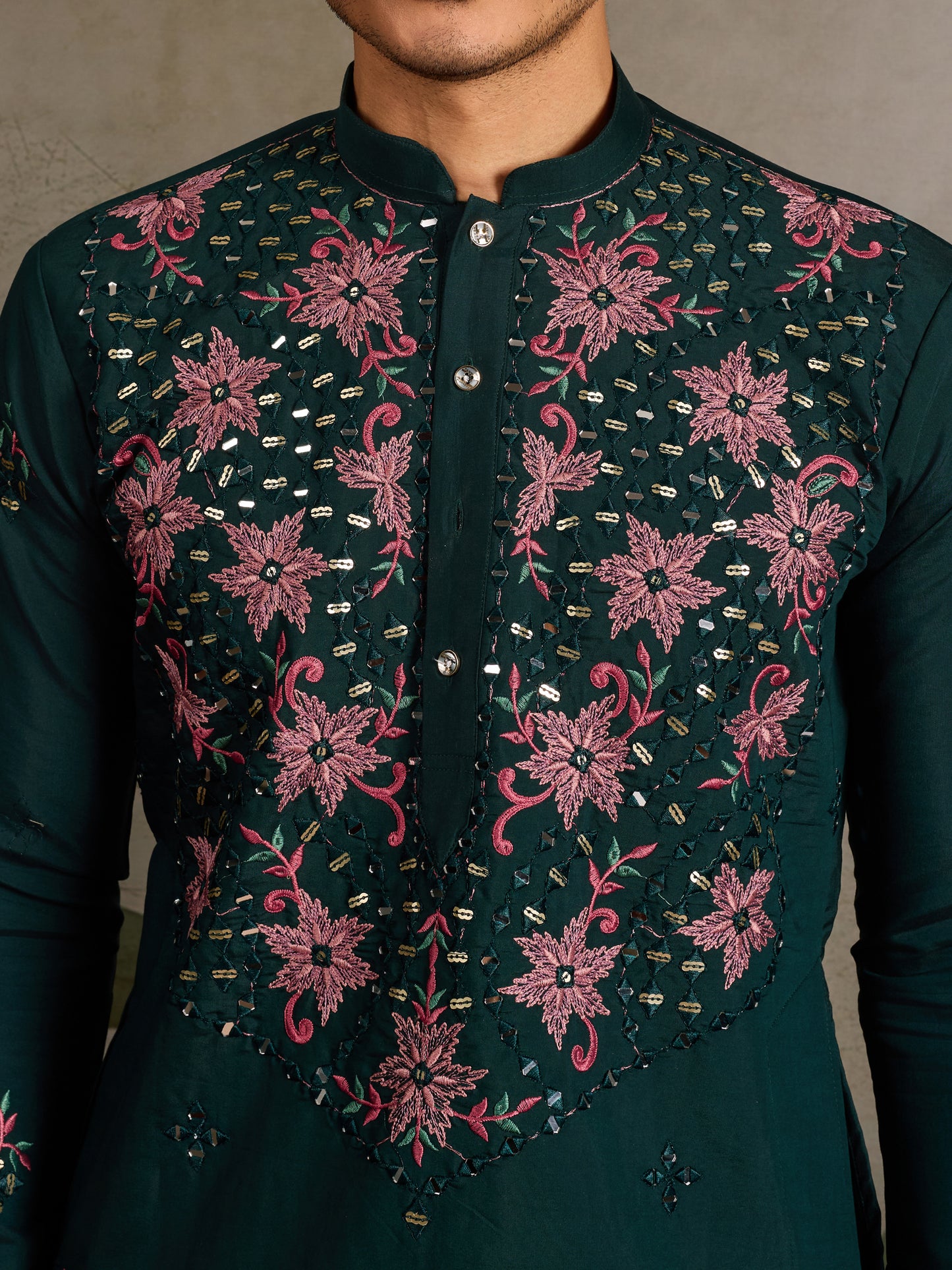 Green Floral Embroidered Kurta for Men | Festive & Wedding Wear
