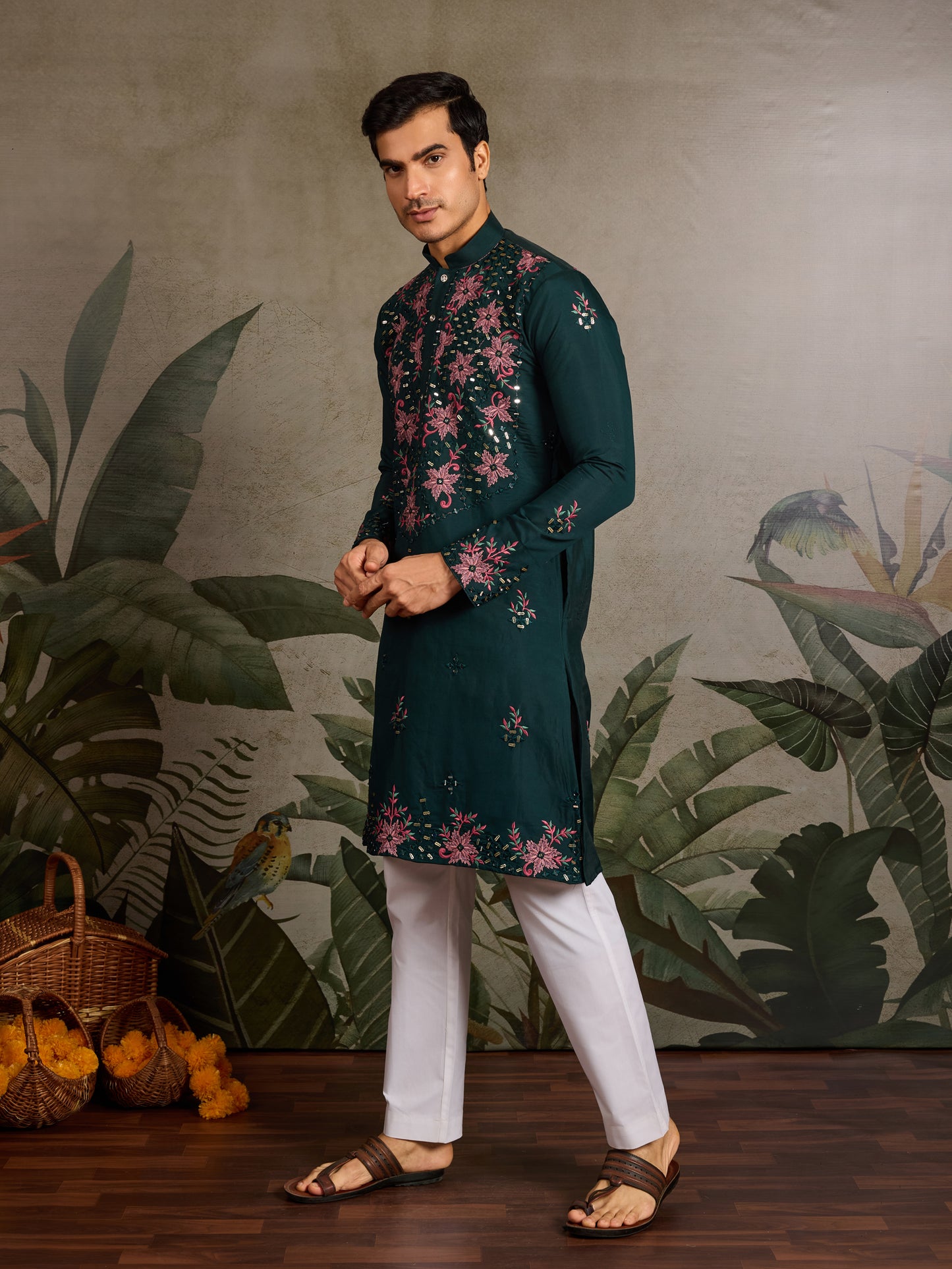 Green Floral Embroidered Kurta for Men | Festive & Wedding Wear