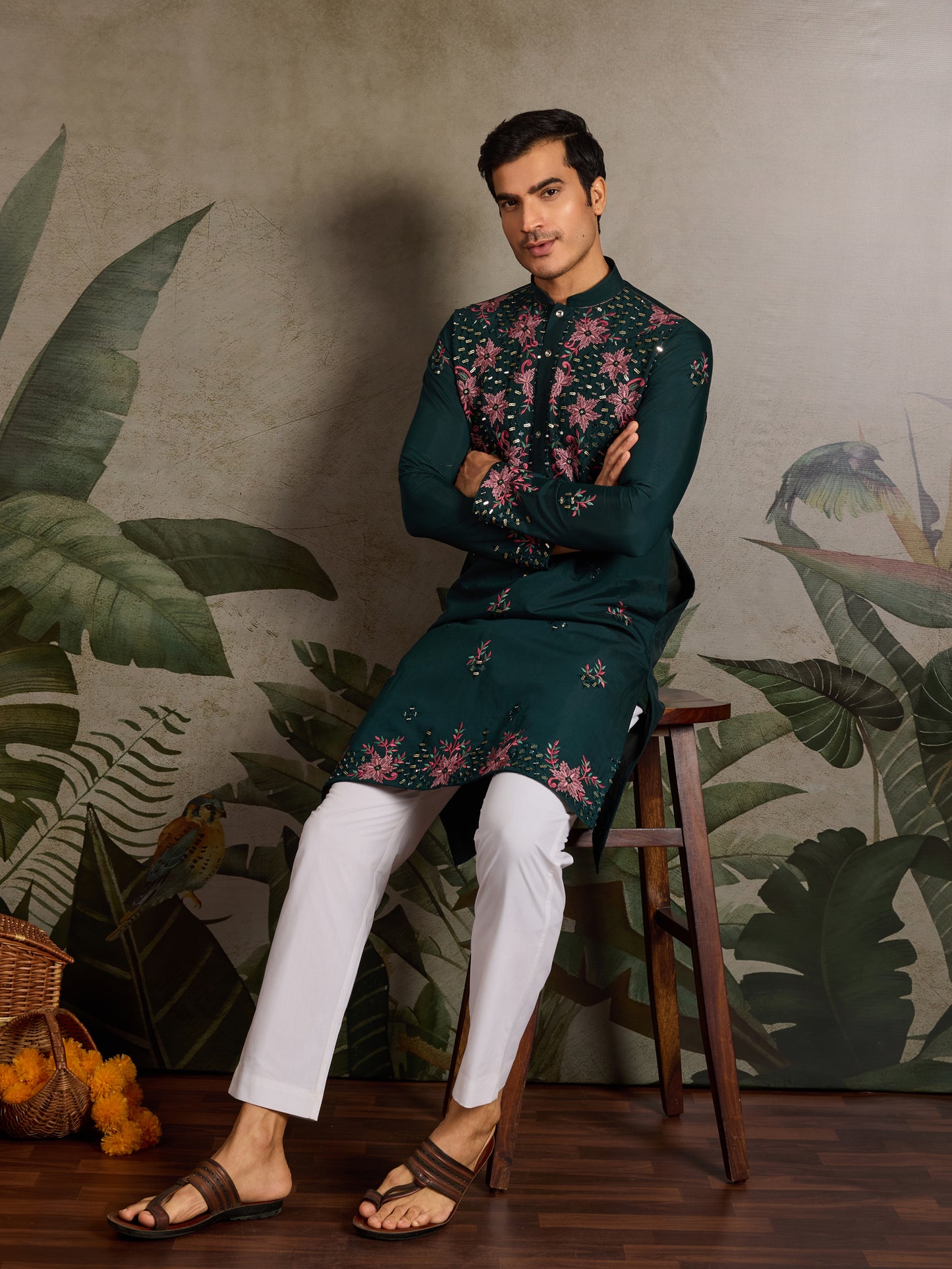 Green Floral Embroidered Kurta for Men | Festive & Wedding Wear