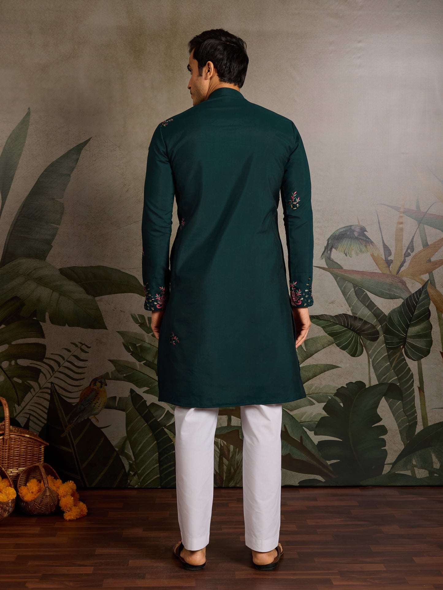 Green Floral Embroidered Kurta for Men | Festive & Wedding Wear