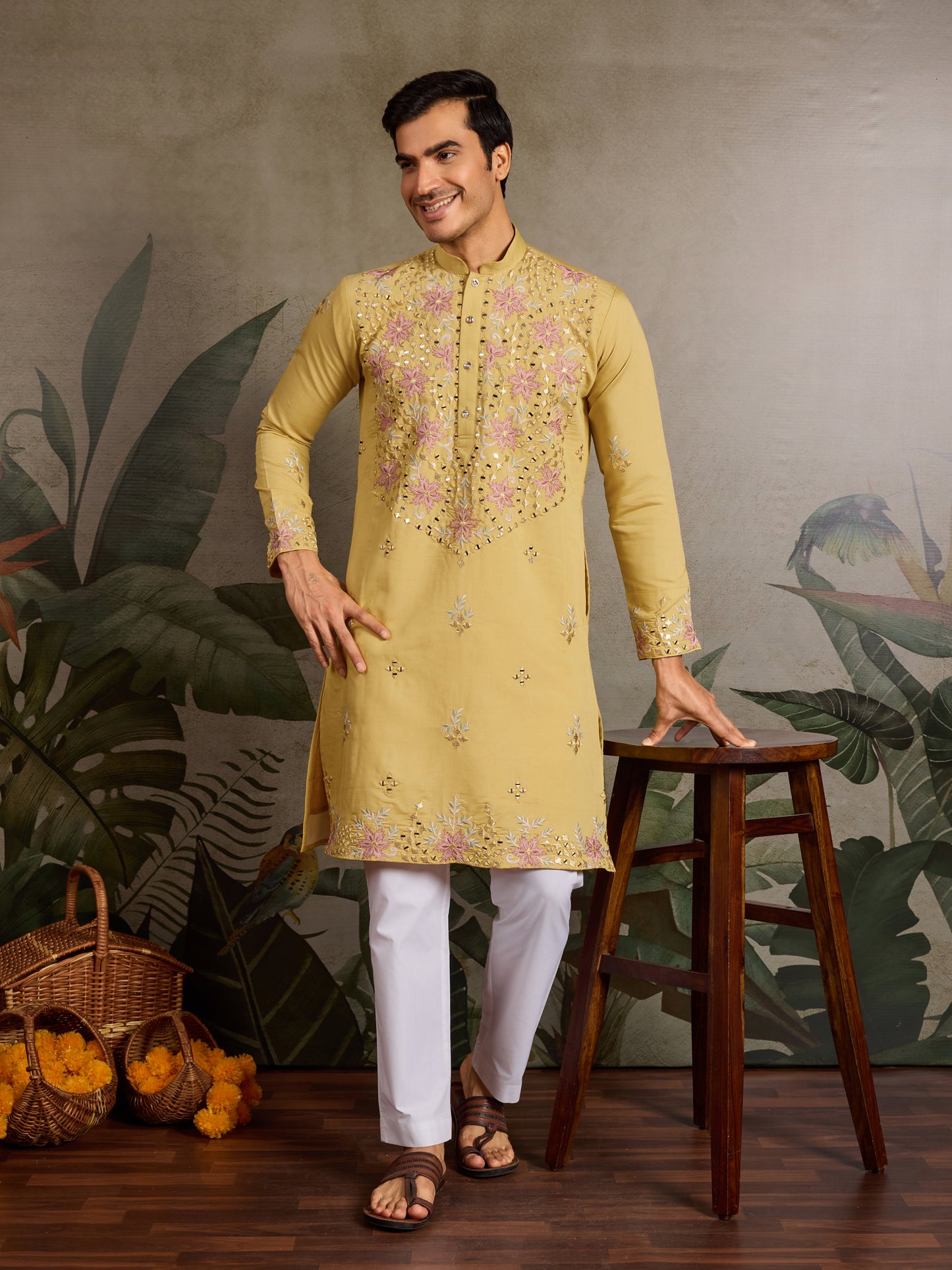 Yellow Kurta with Pink Floral Embroidery & Mirror Work