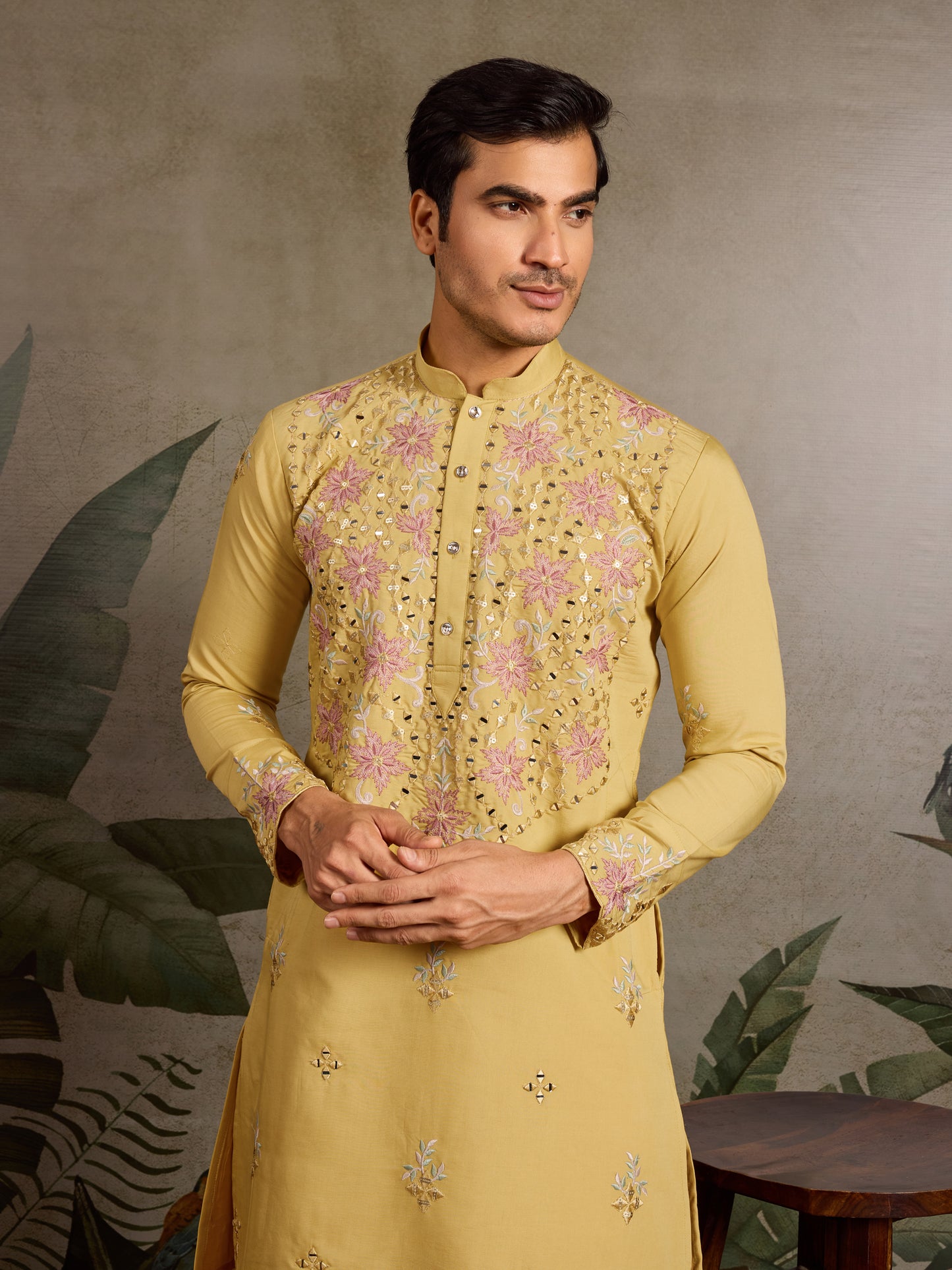 Yellow Kurta with Pink Floral Embroidery & Mirror Work