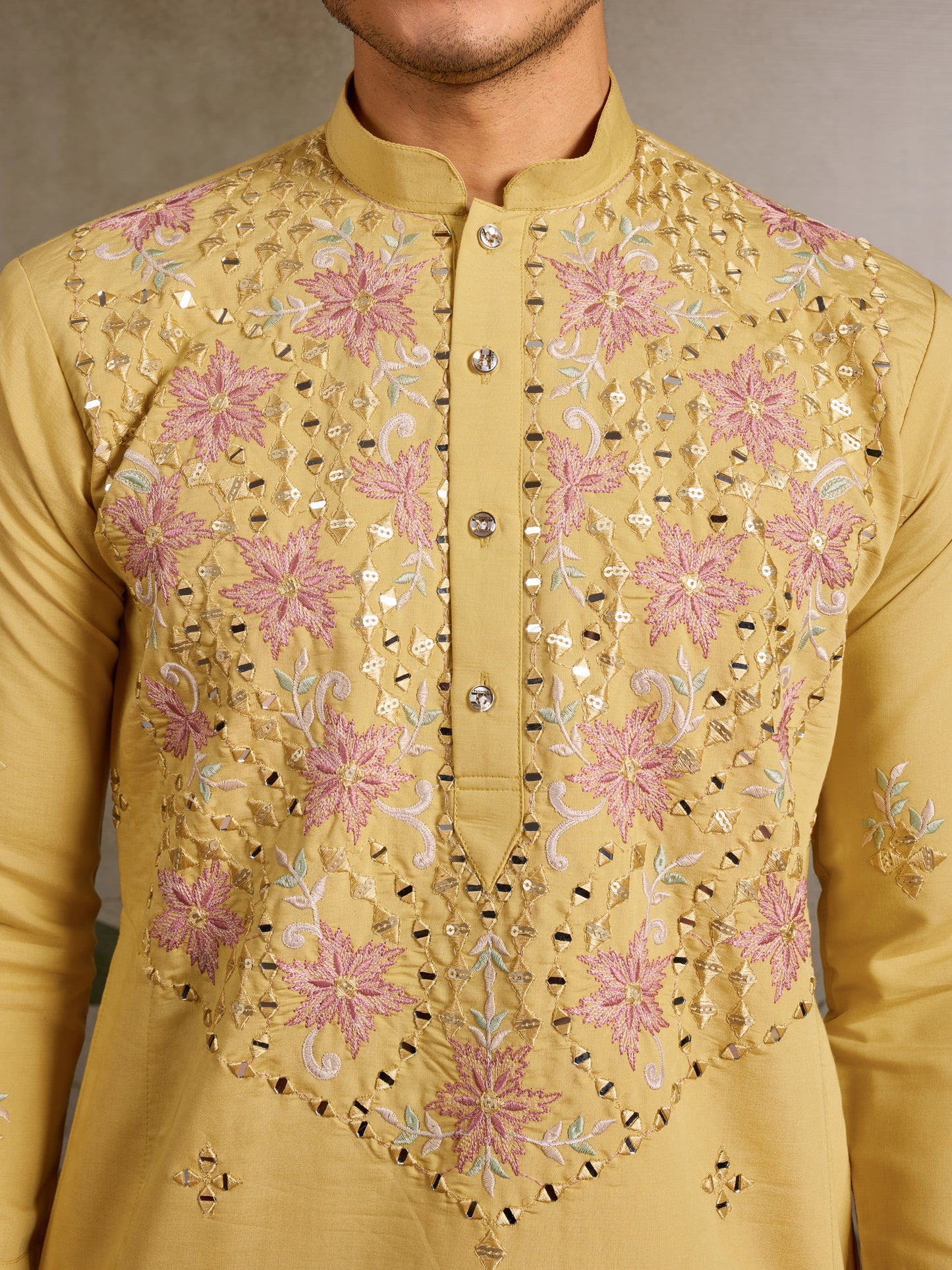 Yellow Kurta with Pink Floral Embroidery & Mirror Work