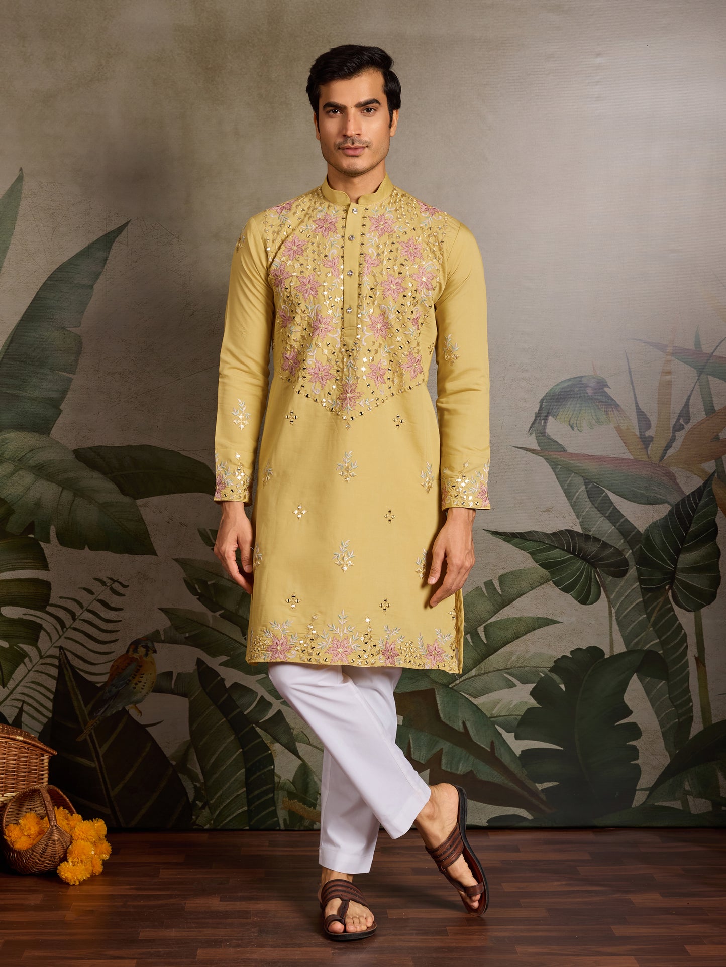 Yellow Kurta with Pink Floral Embroidery & Mirror Work