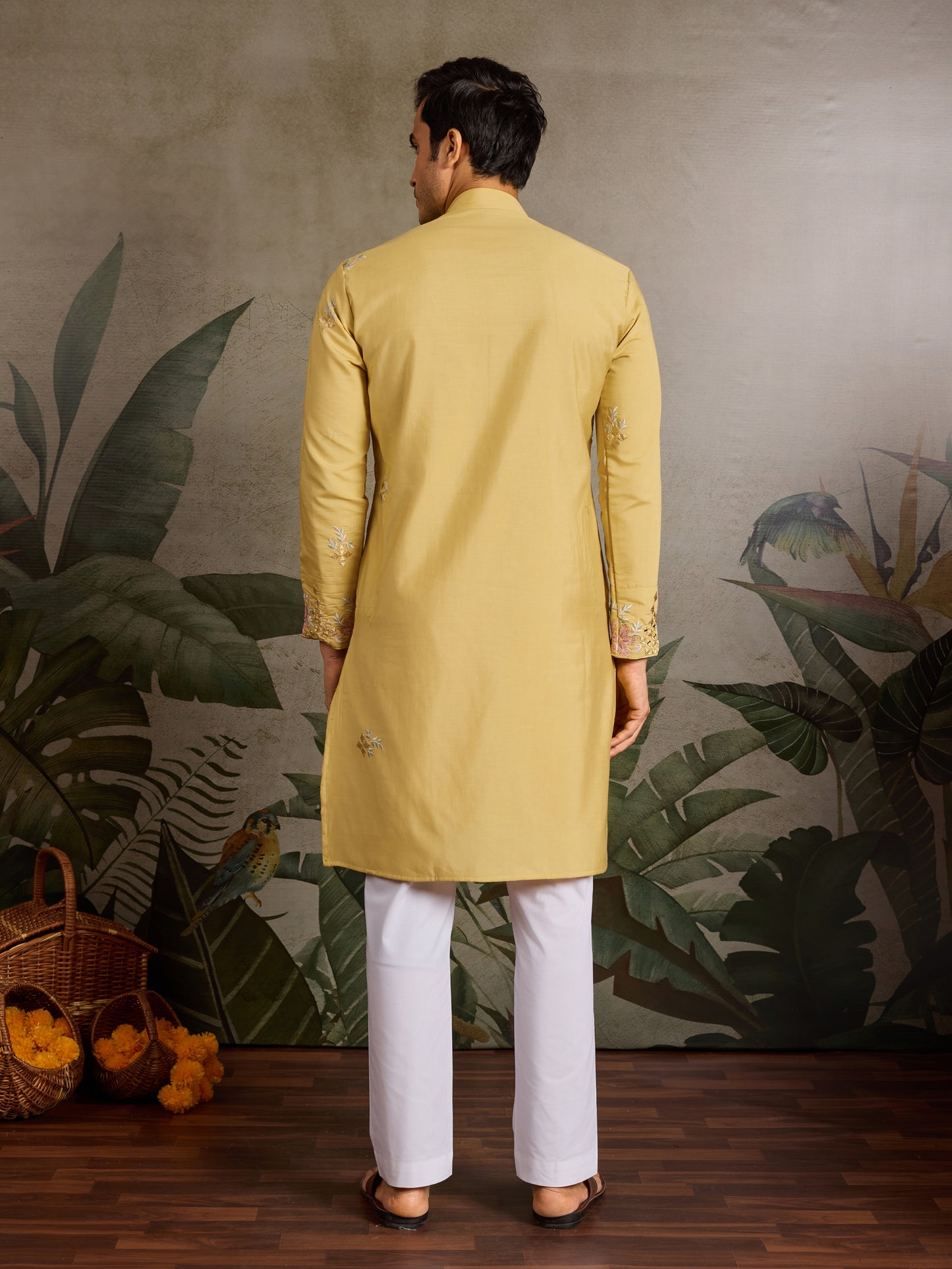 Yellow Kurta with Pink Floral Embroidery & Mirror Work