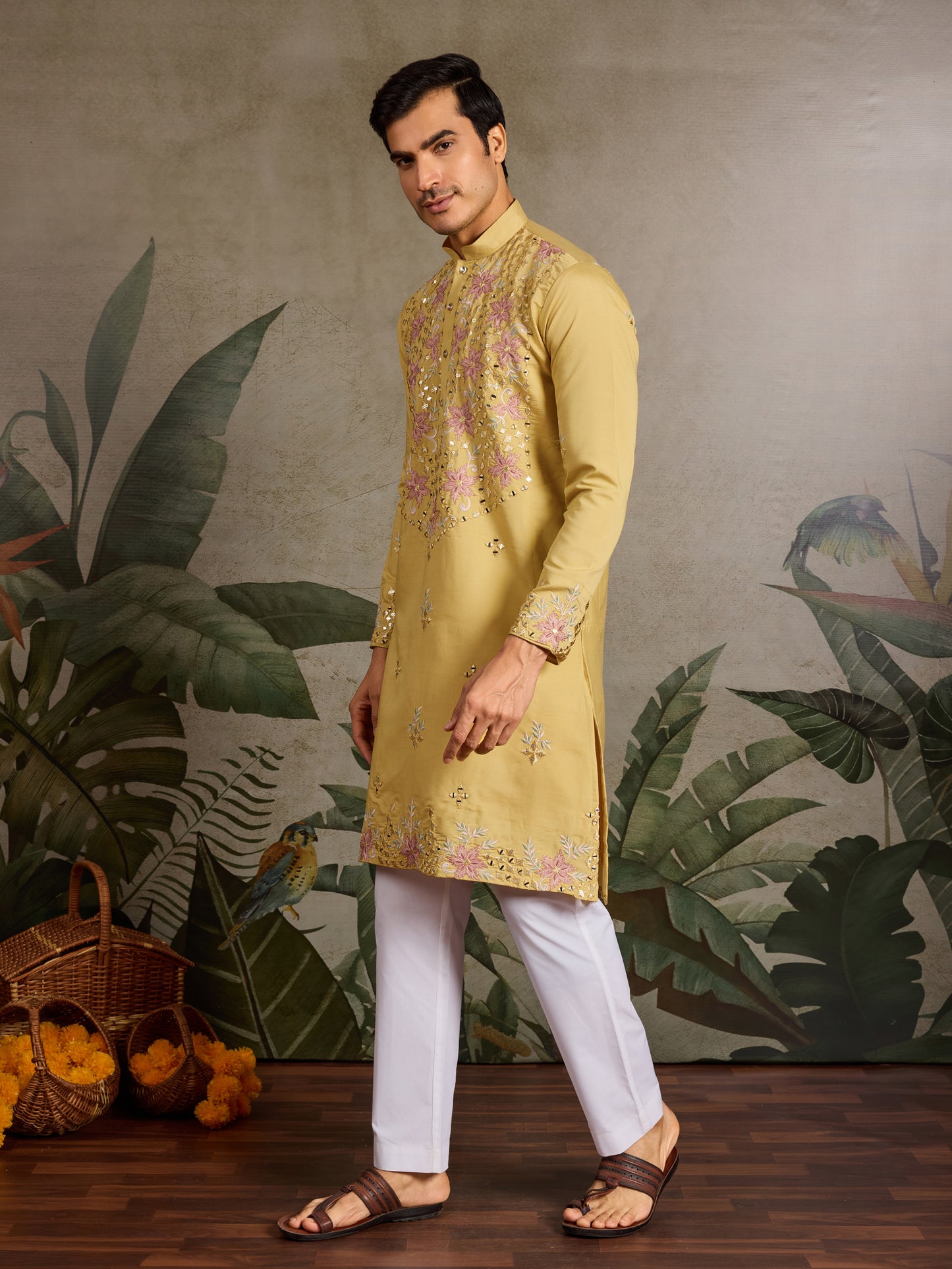 Yellow Kurta with Pink Floral Embroidery & Mirror Work