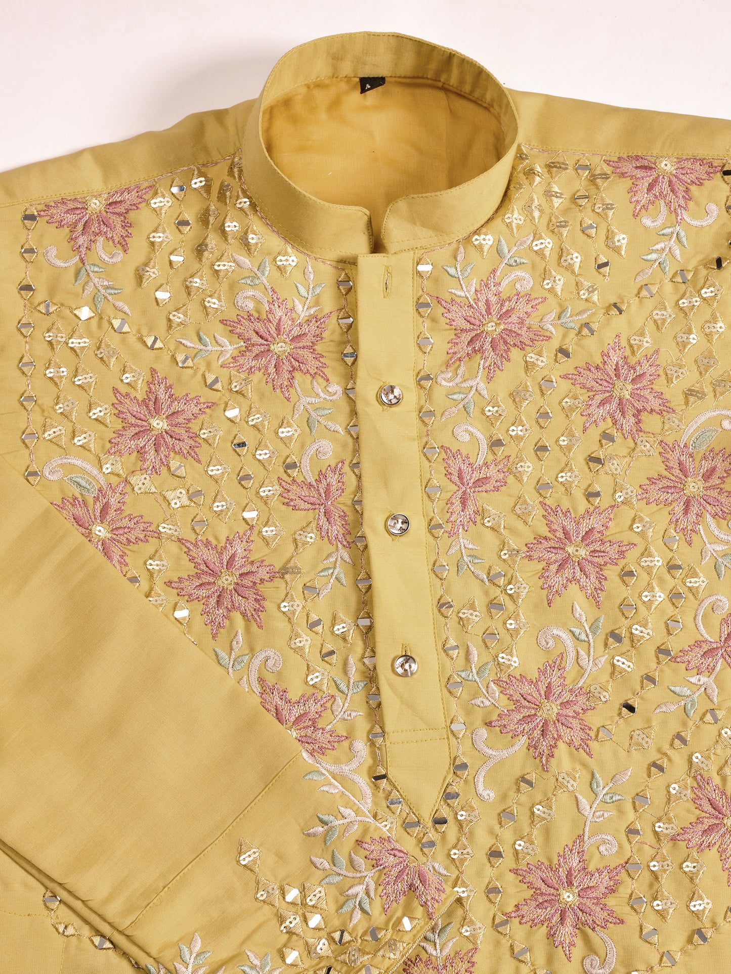 Yellow Kurta with Pink Floral Embroidery & Mirror Work