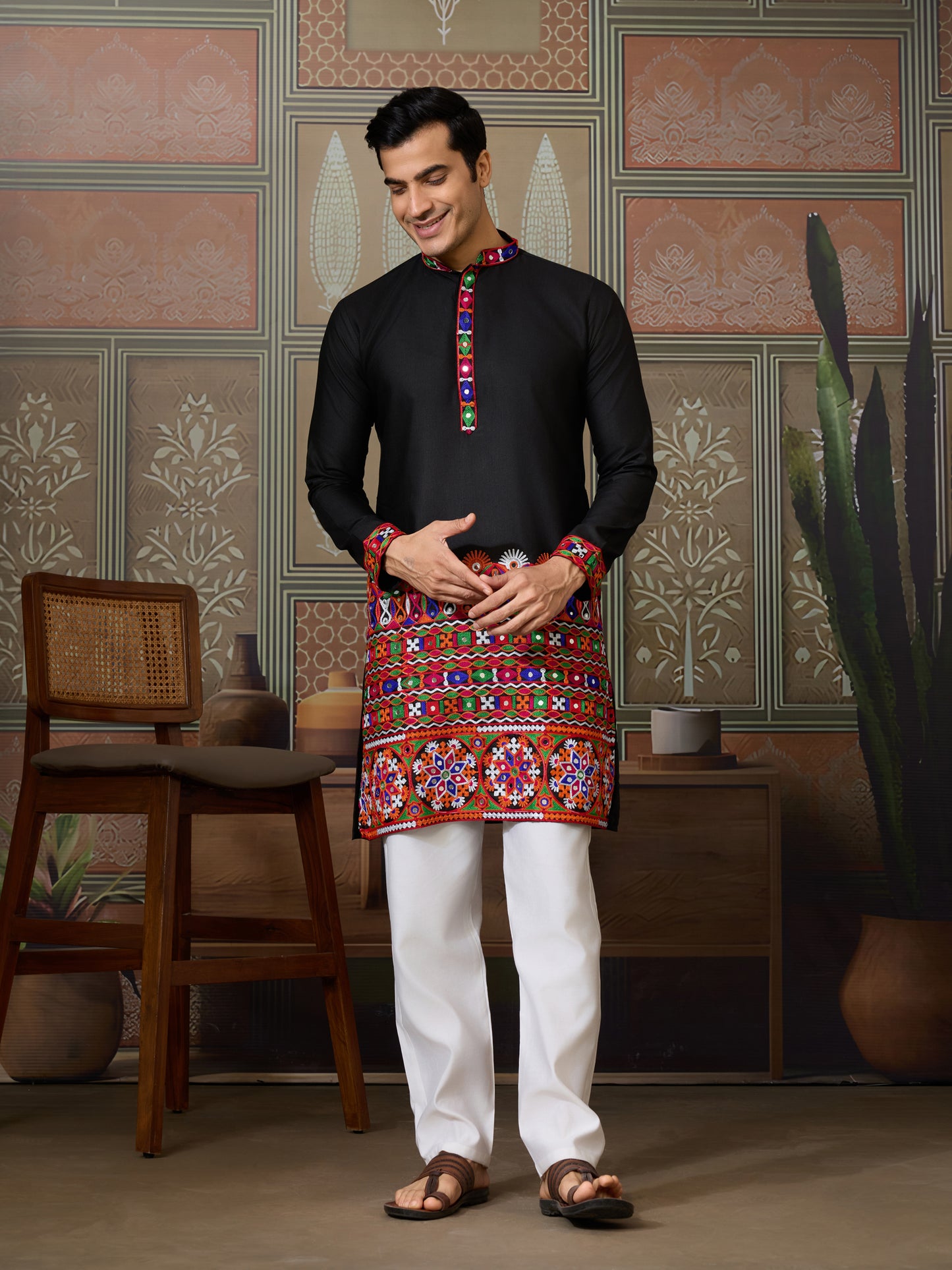 Title : Black Embroidered Gujarati Mirror Work Kurta for Men