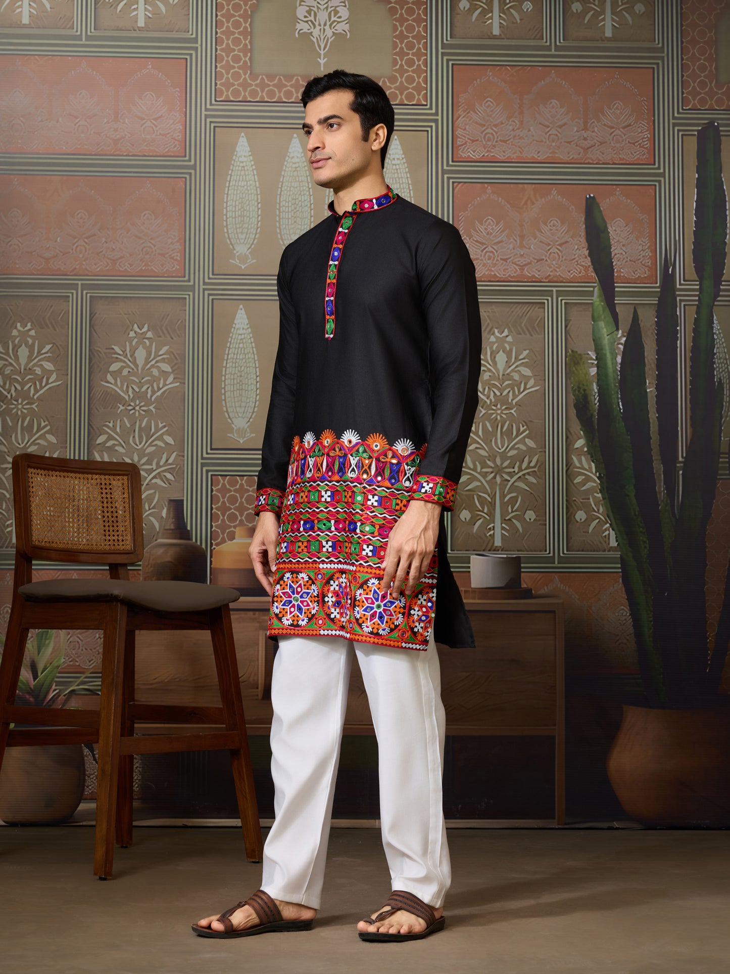 Title : Black Embroidered Gujarati Mirror Work Kurta for Men