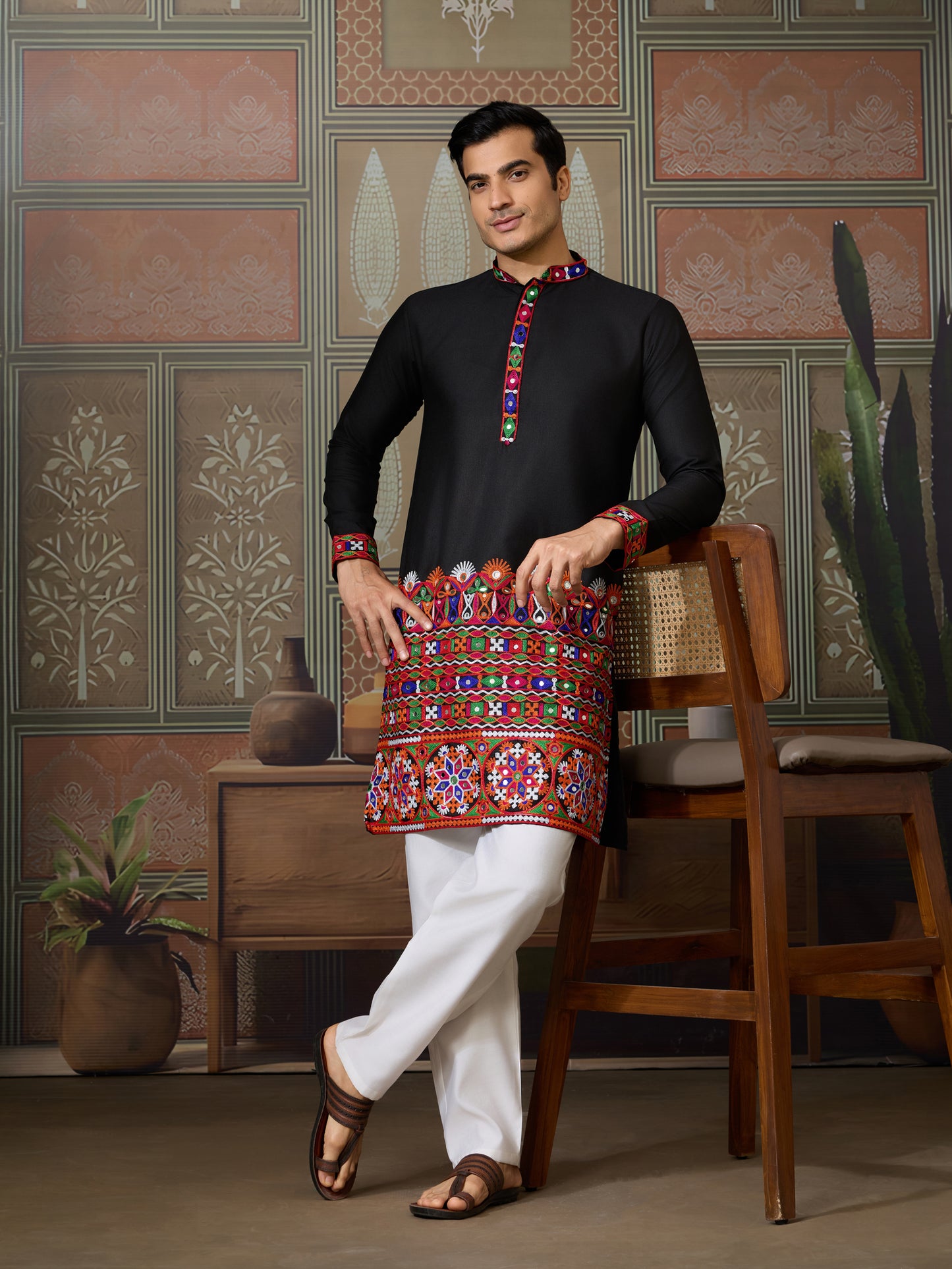 Title : Black Embroidered Gujarati Mirror Work Kurta for Men