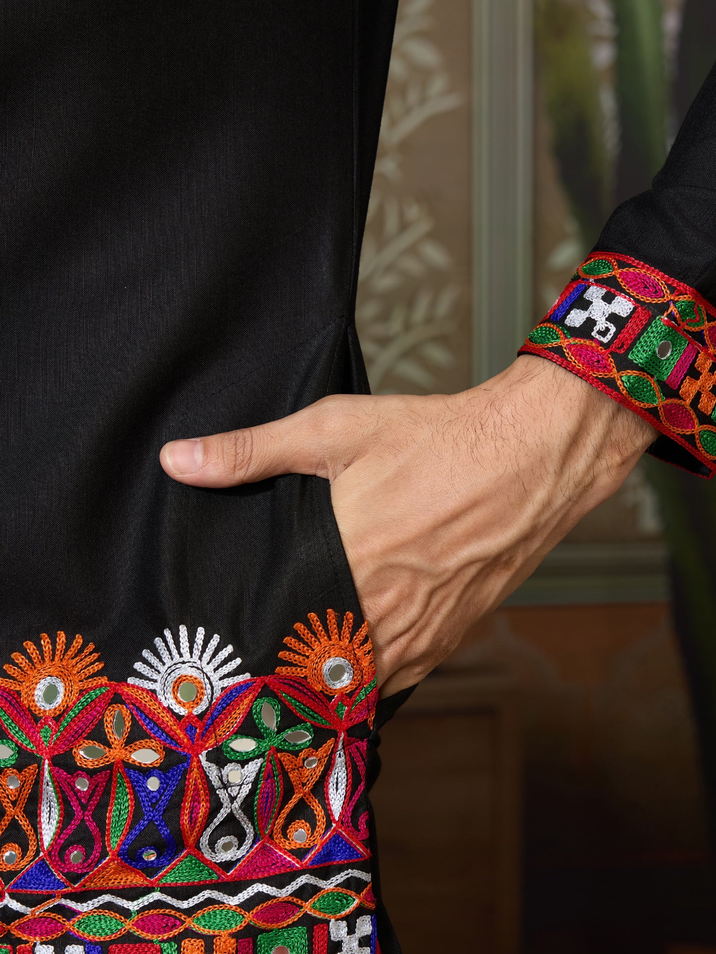 Title : Black Embroidered Gujarati Mirror Work Kurta for Men