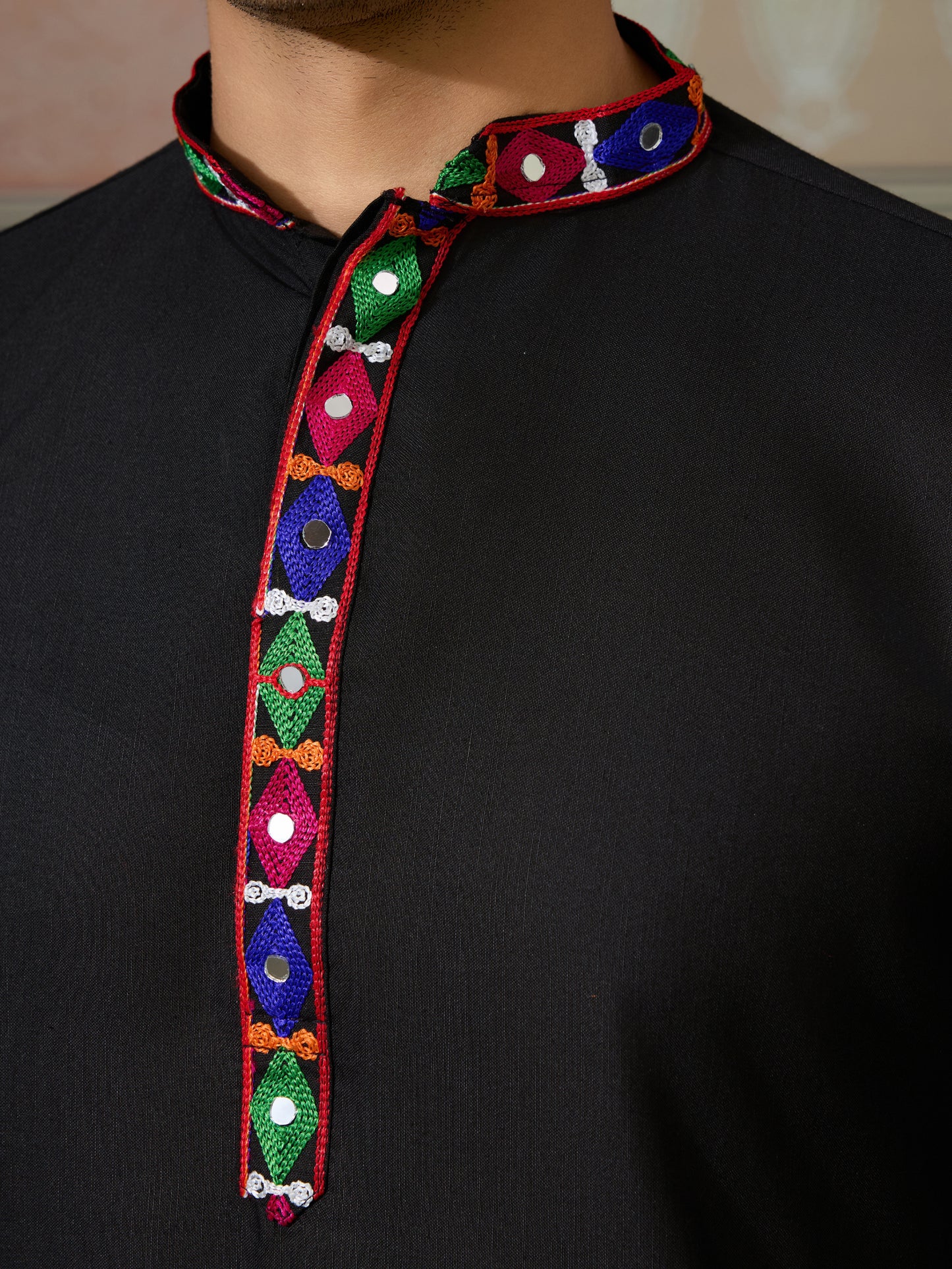 Title : Black Embroidered Gujarati Mirror Work Kurta for Men
