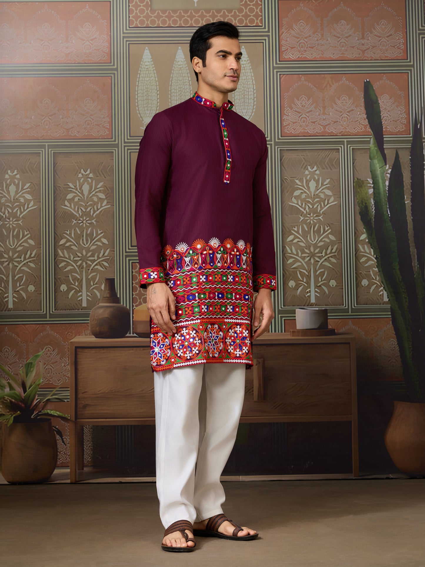 Wine Gujarati Mirror Work Embroidered Kurta for Men