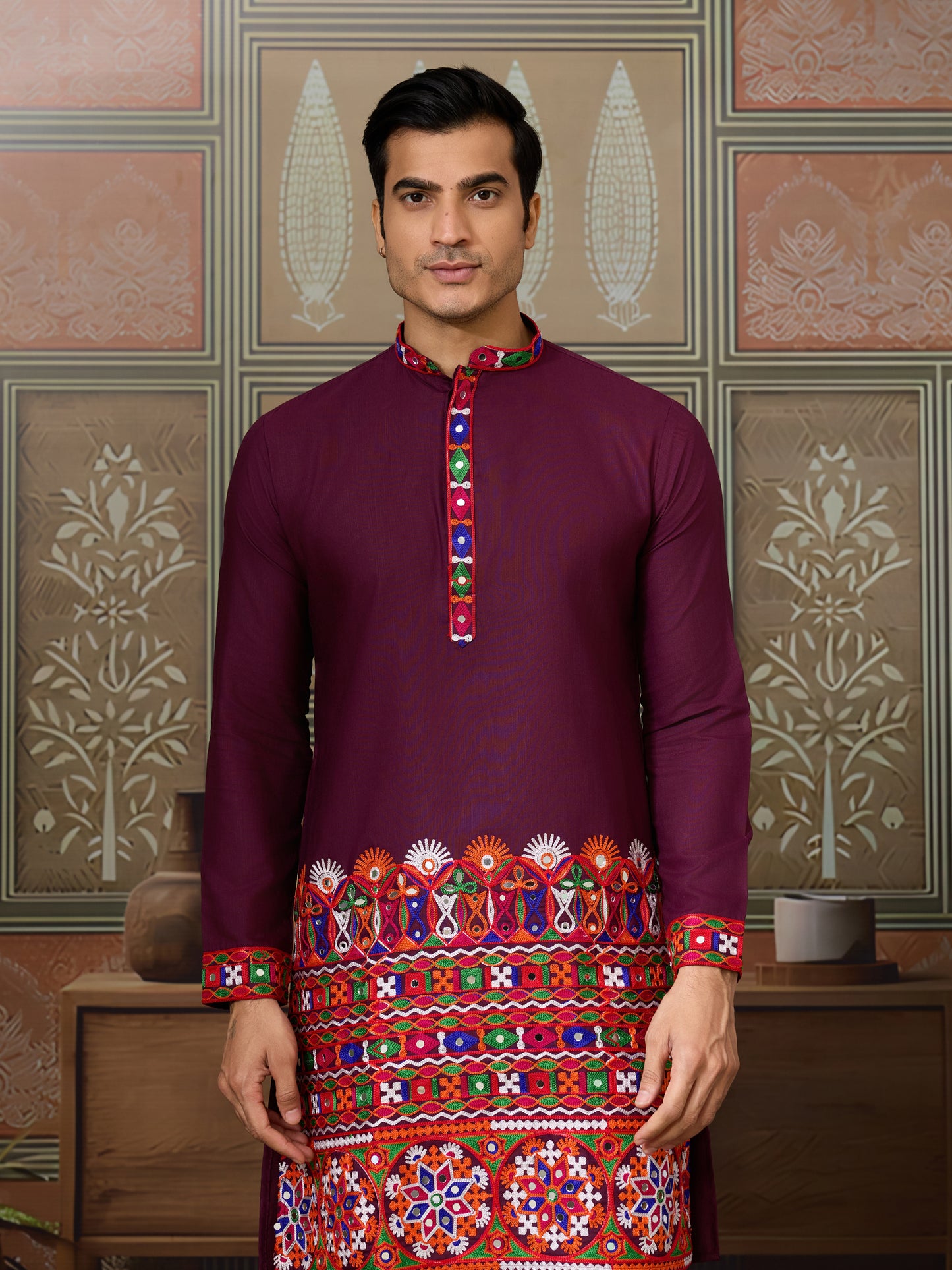 Wine Gujarati Mirror Work Embroidered Kurta for Men