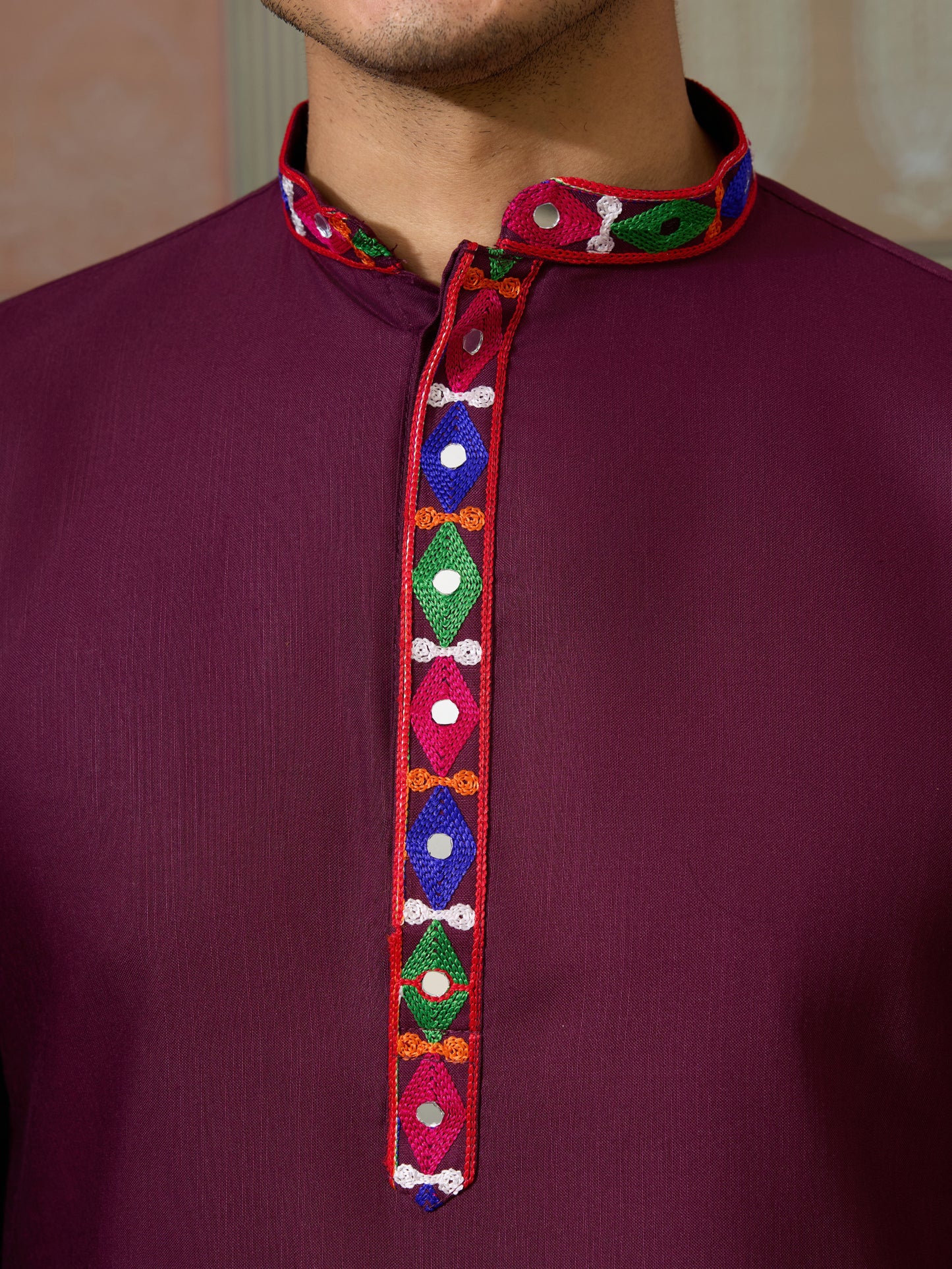 Wine Gujarati Mirror Work Embroidered Kurta for Men