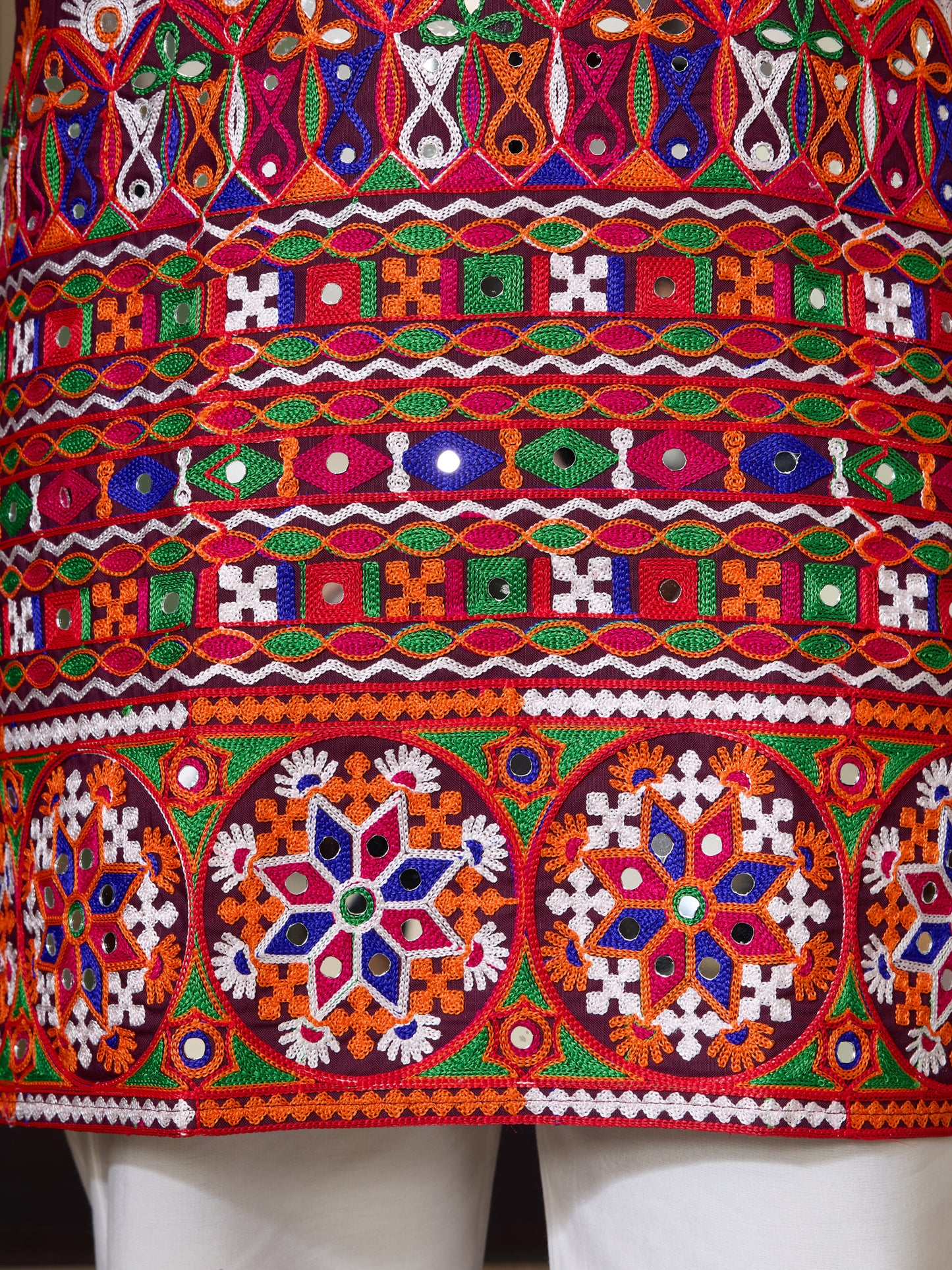 Wine Gujarati Mirror Work Embroidered Kurta for Men