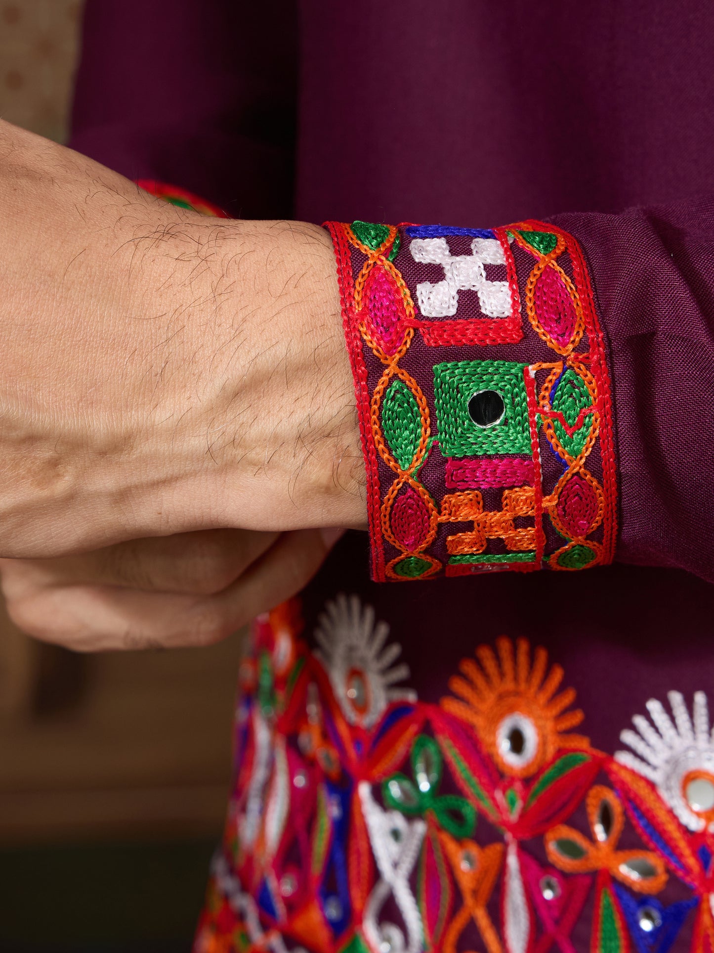 Wine Gujarati Mirror Work Embroidered Kurta for Men