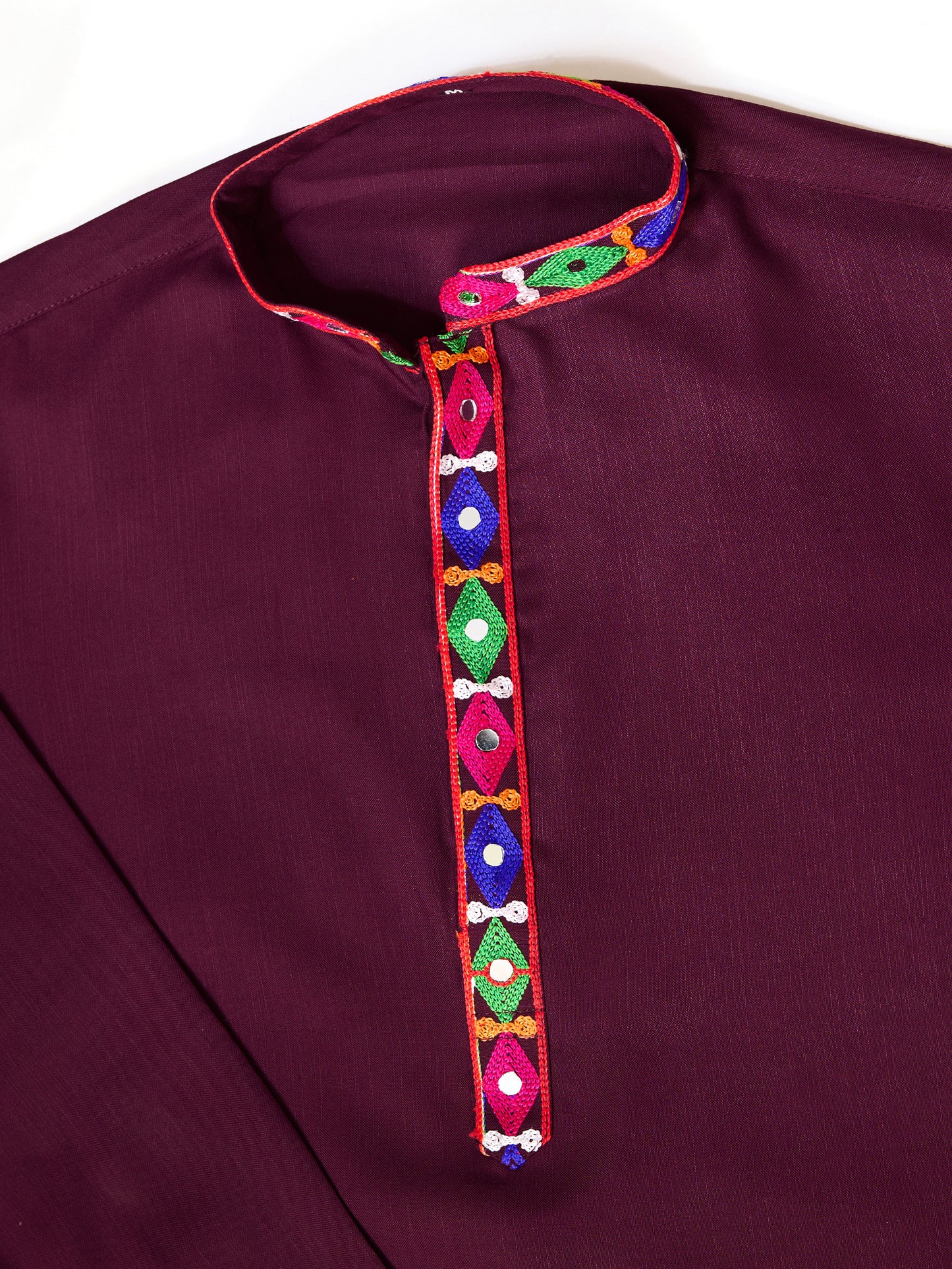 Wine Gujarati Mirror Work Embroidered Kurta for Men
