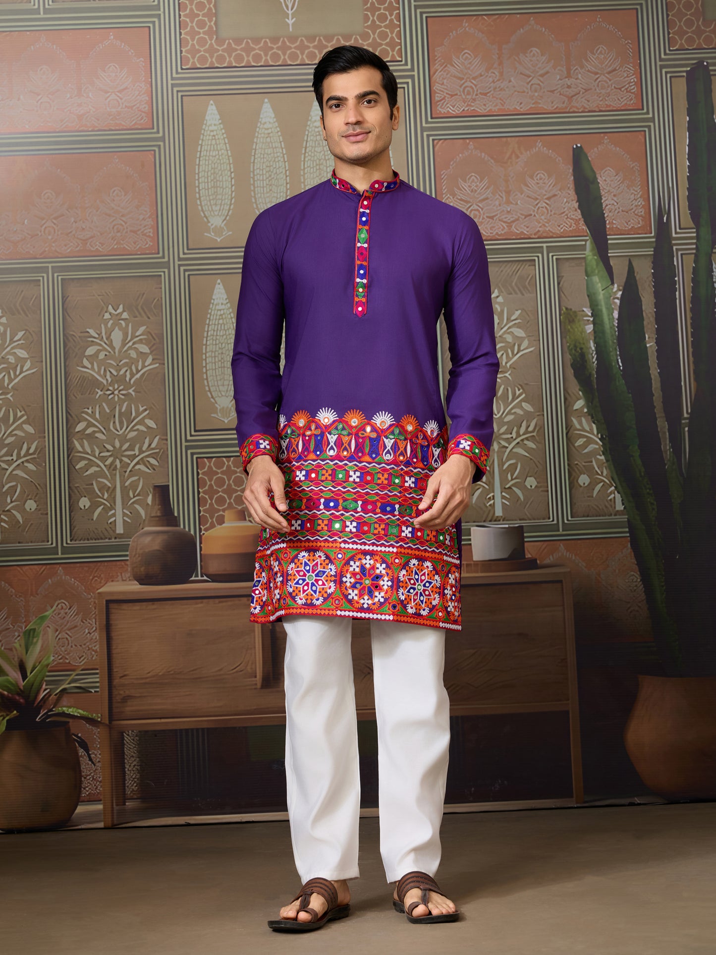 Purple Embroidered Gujarati Mirror Work Kurta for Men