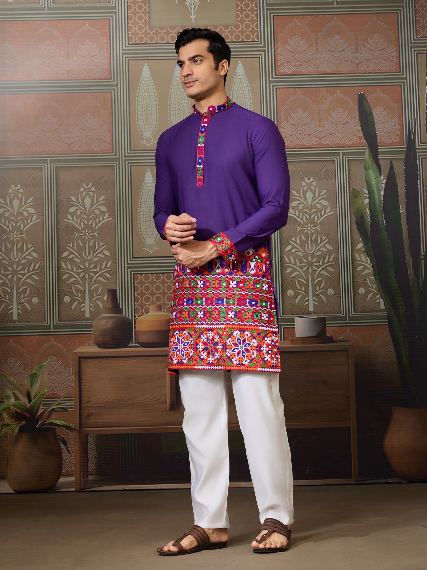 Purple Embroidered Gujarati Mirror Work Kurta for Men