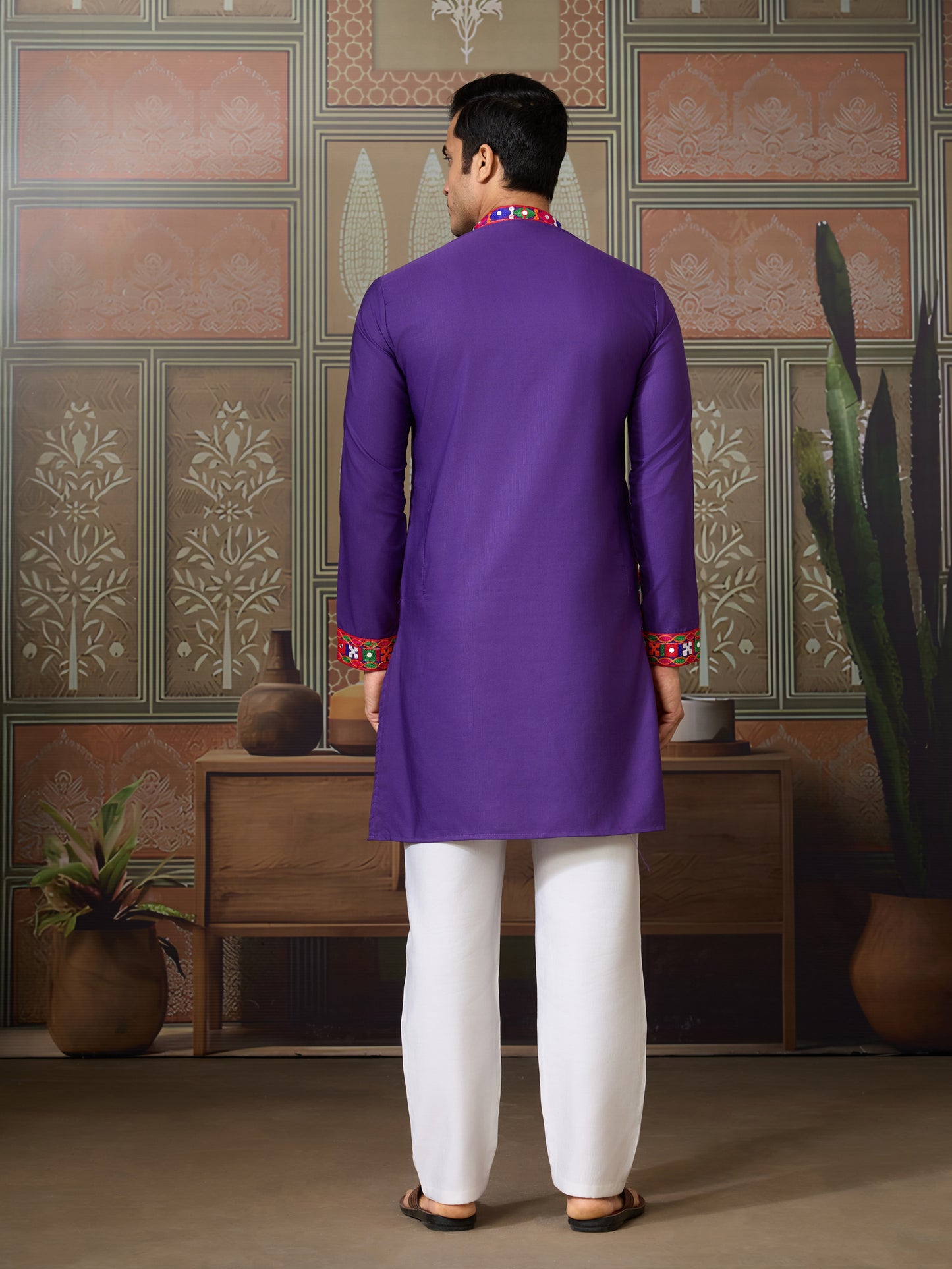 Purple Embroidered Gujarati Mirror Work Kurta for Men