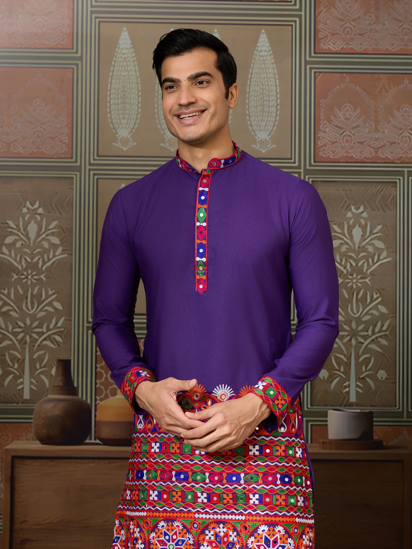 Purple Embroidered Gujarati Mirror Work Kurta for Men