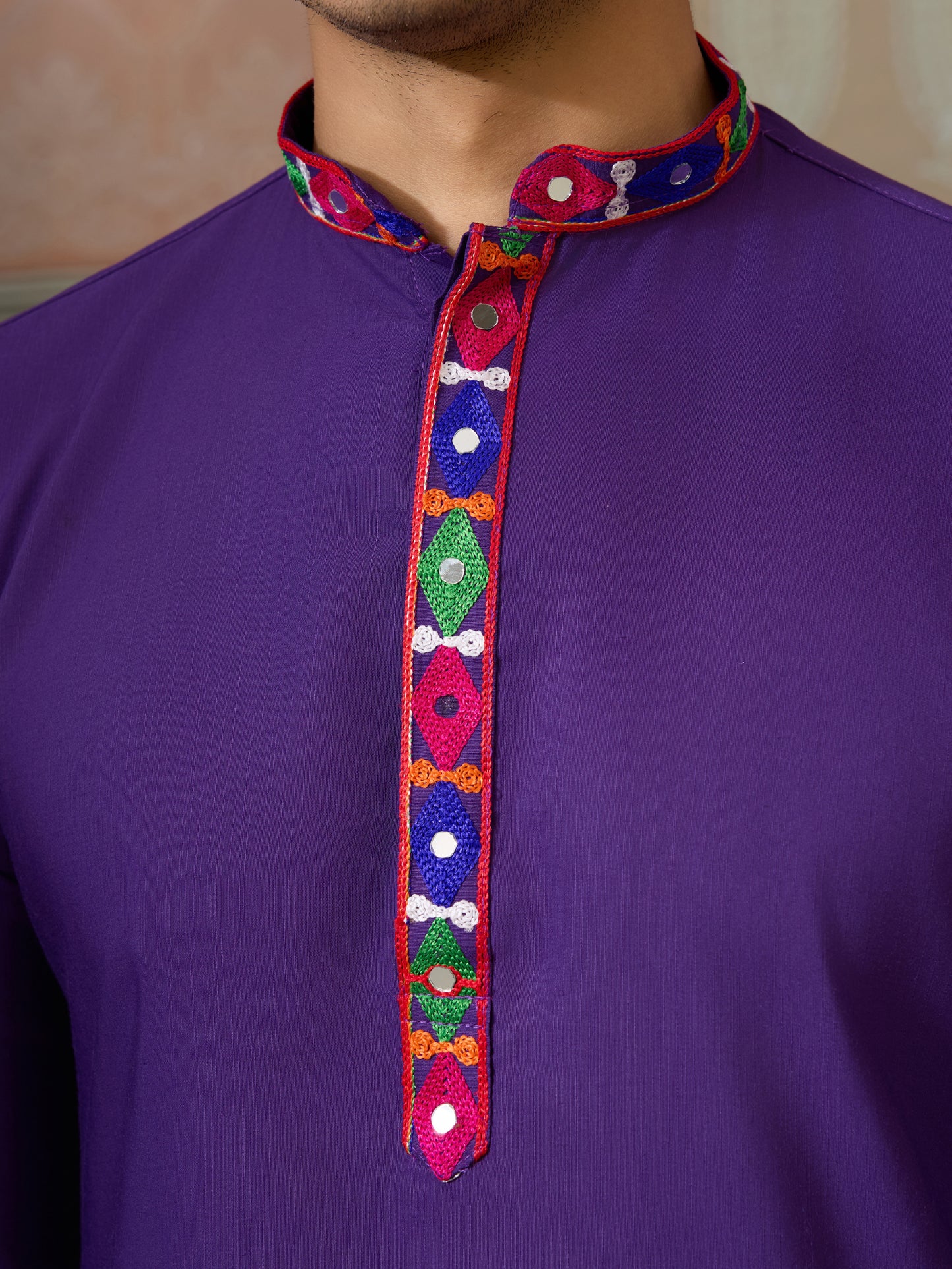 Purple Embroidered Gujarati Mirror Work Kurta for Men
