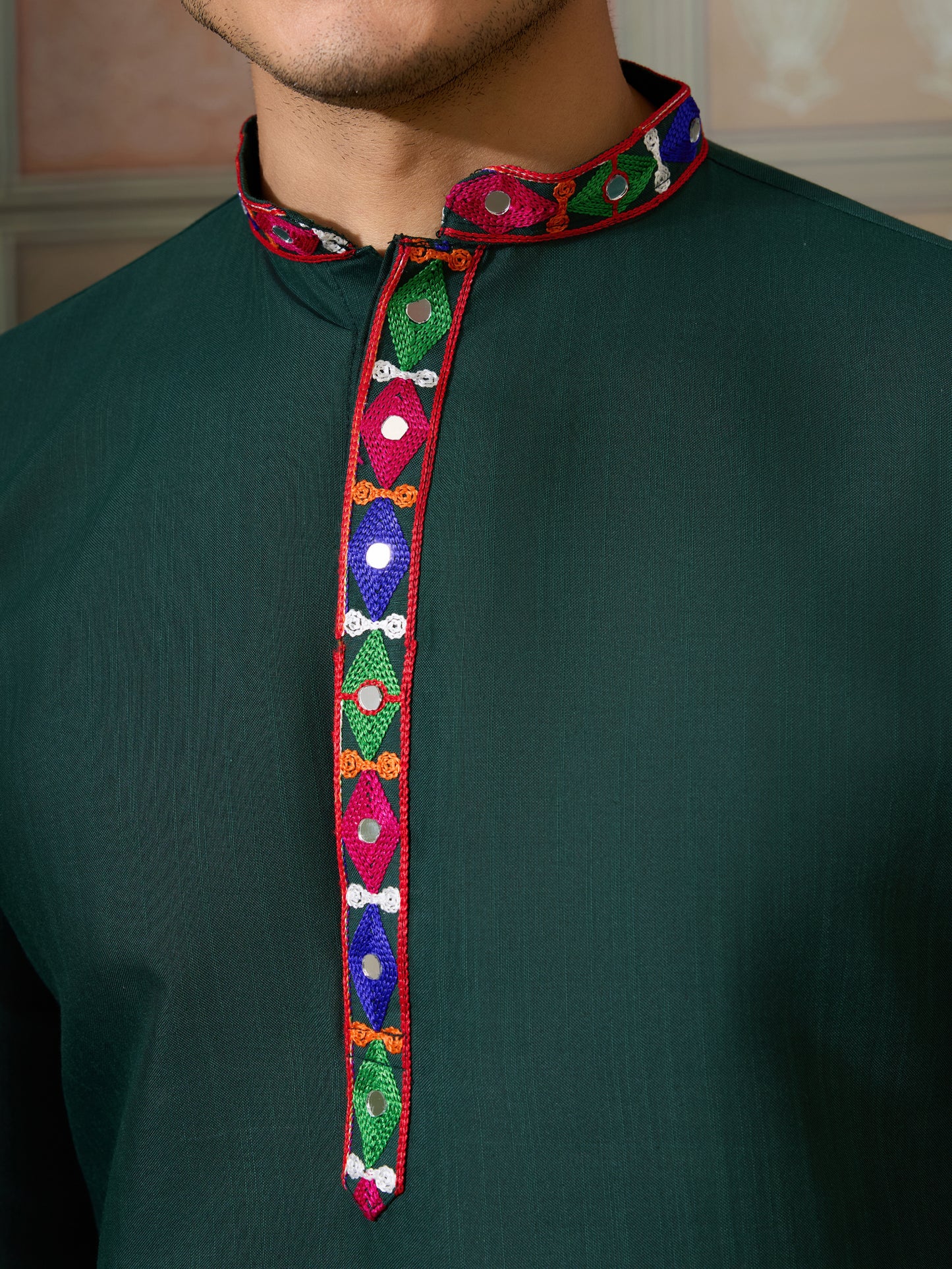 Handcrafted Green Kurta with Multicolor Kutchi Embroidery