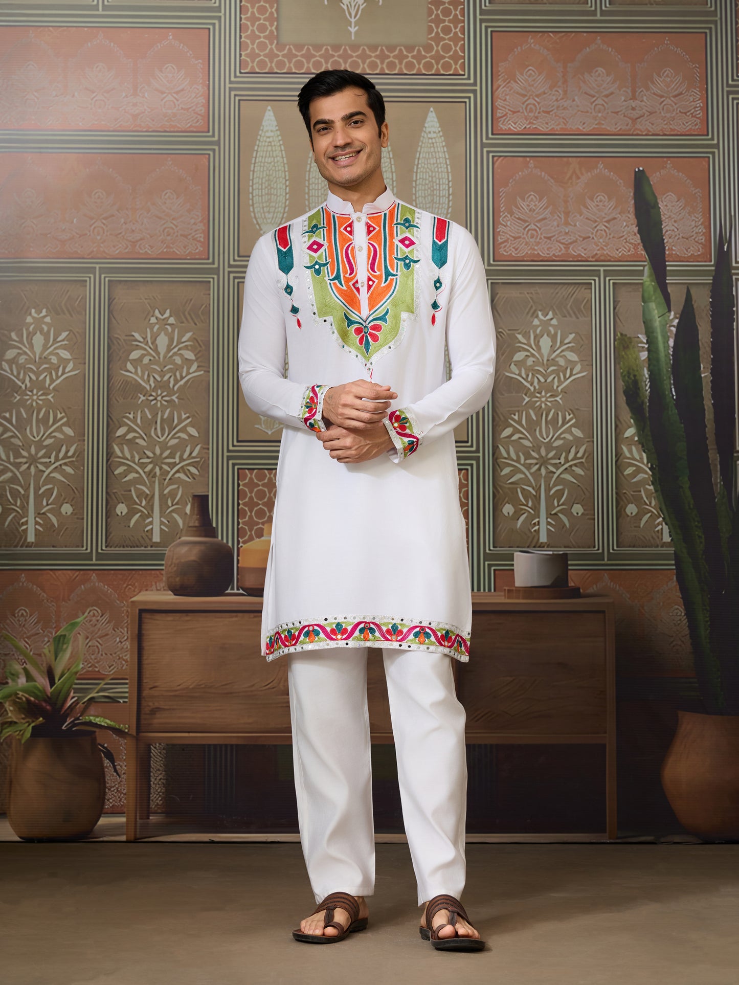 Men’s White Pure Cotton Kurta with Multi-Thread and Real Mirror Work