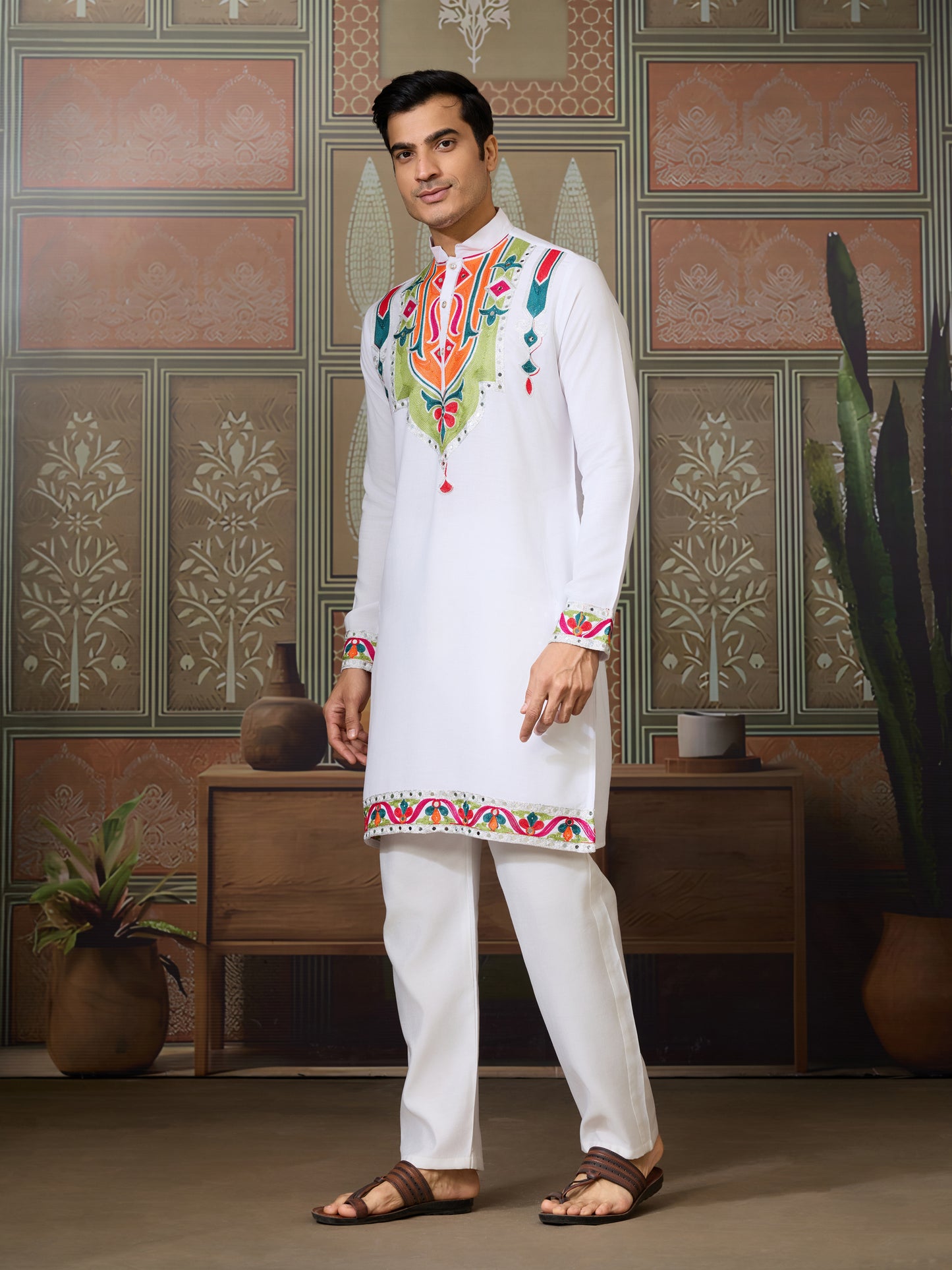 Men’s White Pure Cotton Kurta with Multi-Thread and Real Mirror Work