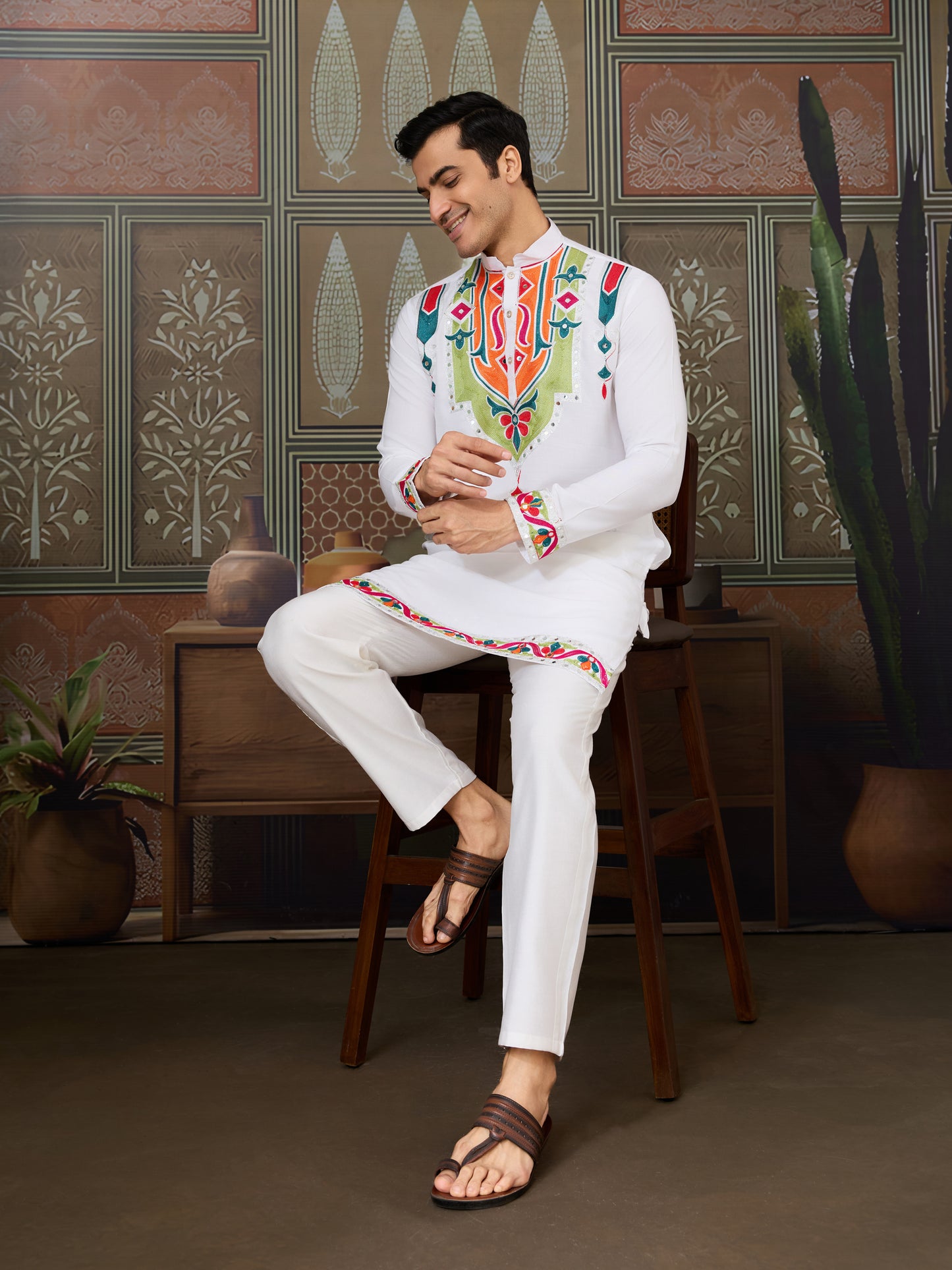 Men’s White Pure Cotton Kurta with Multi-Thread and Real Mirror Work