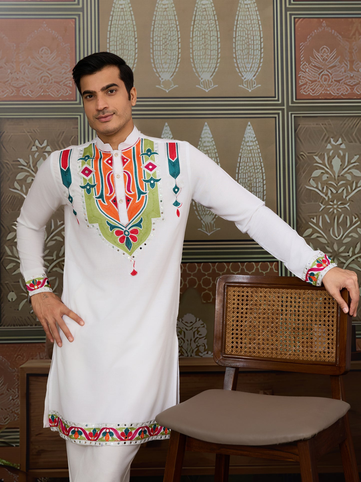 Men’s White Pure Cotton Kurta with Multi-Thread and Real Mirror Work