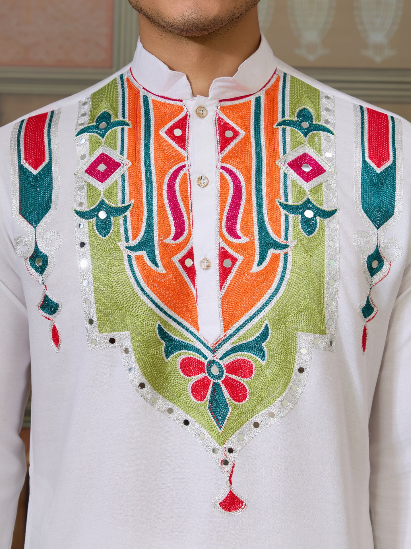 Men’s White Pure Cotton Kurta with Multi-Thread and Real Mirror Work