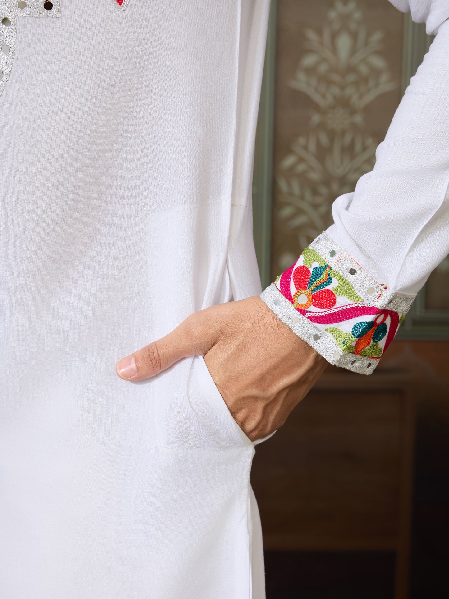 Men’s White Pure Cotton Kurta with Multi-Thread and Real Mirror Work