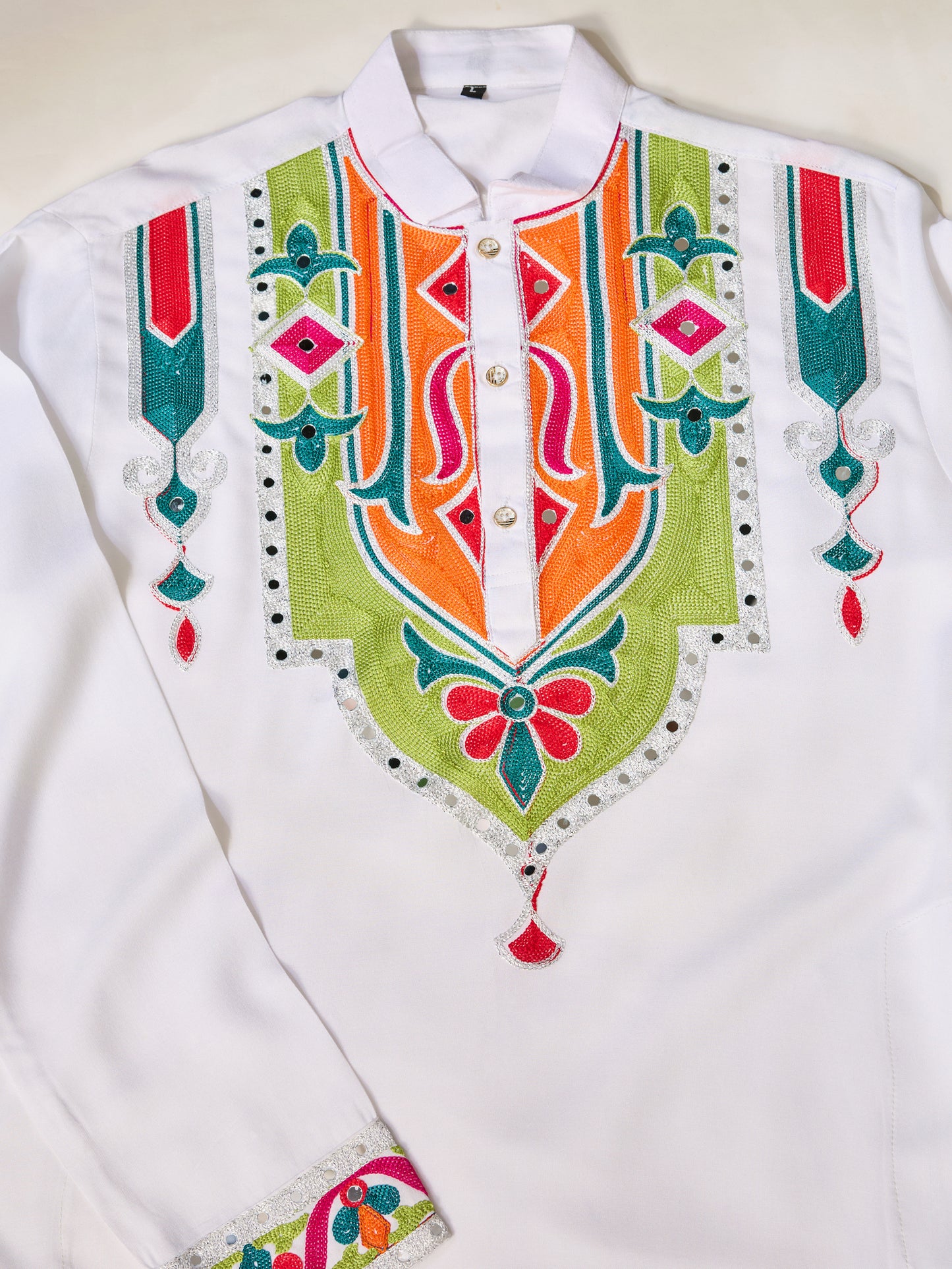 Men’s White Pure Cotton Kurta with Multi-Thread and Real Mirror Work