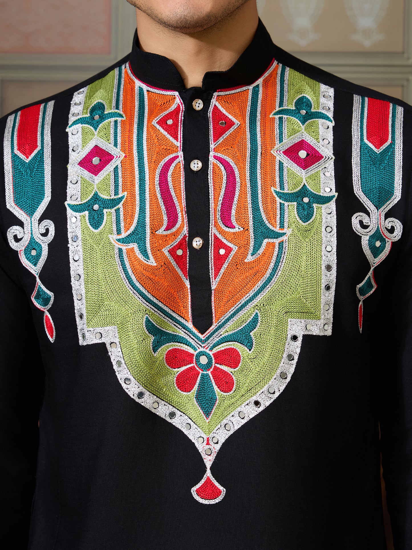 Men’s Black Pure Cotton Kurta with Multi-Thread and Real Mirror Work