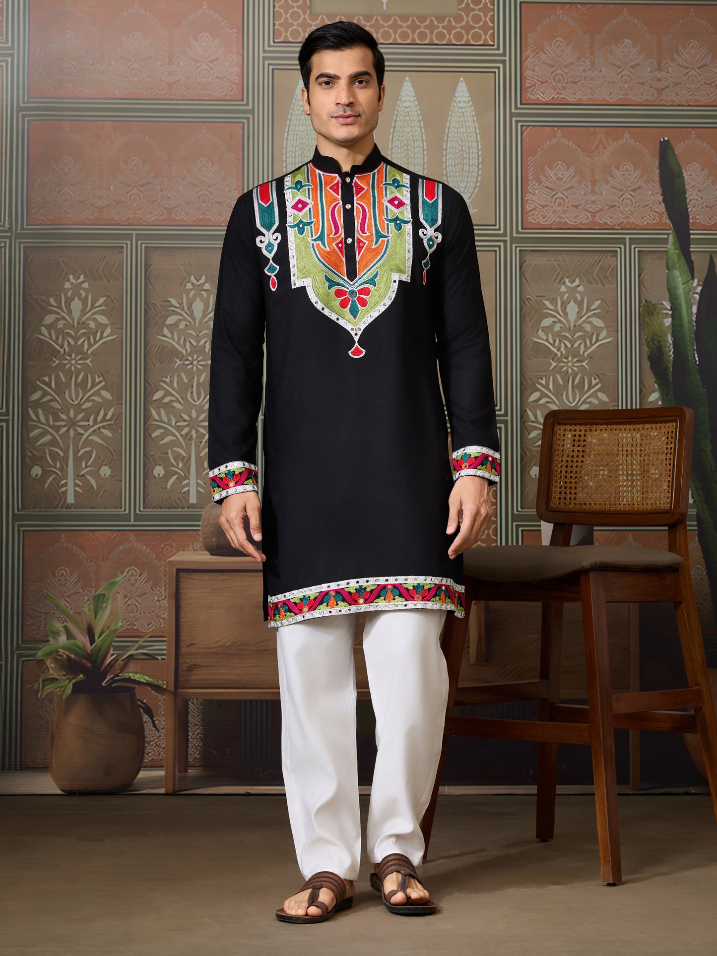 Men’s Black Pure Cotton Kurta with Multi-Thread and Real Mirror Work